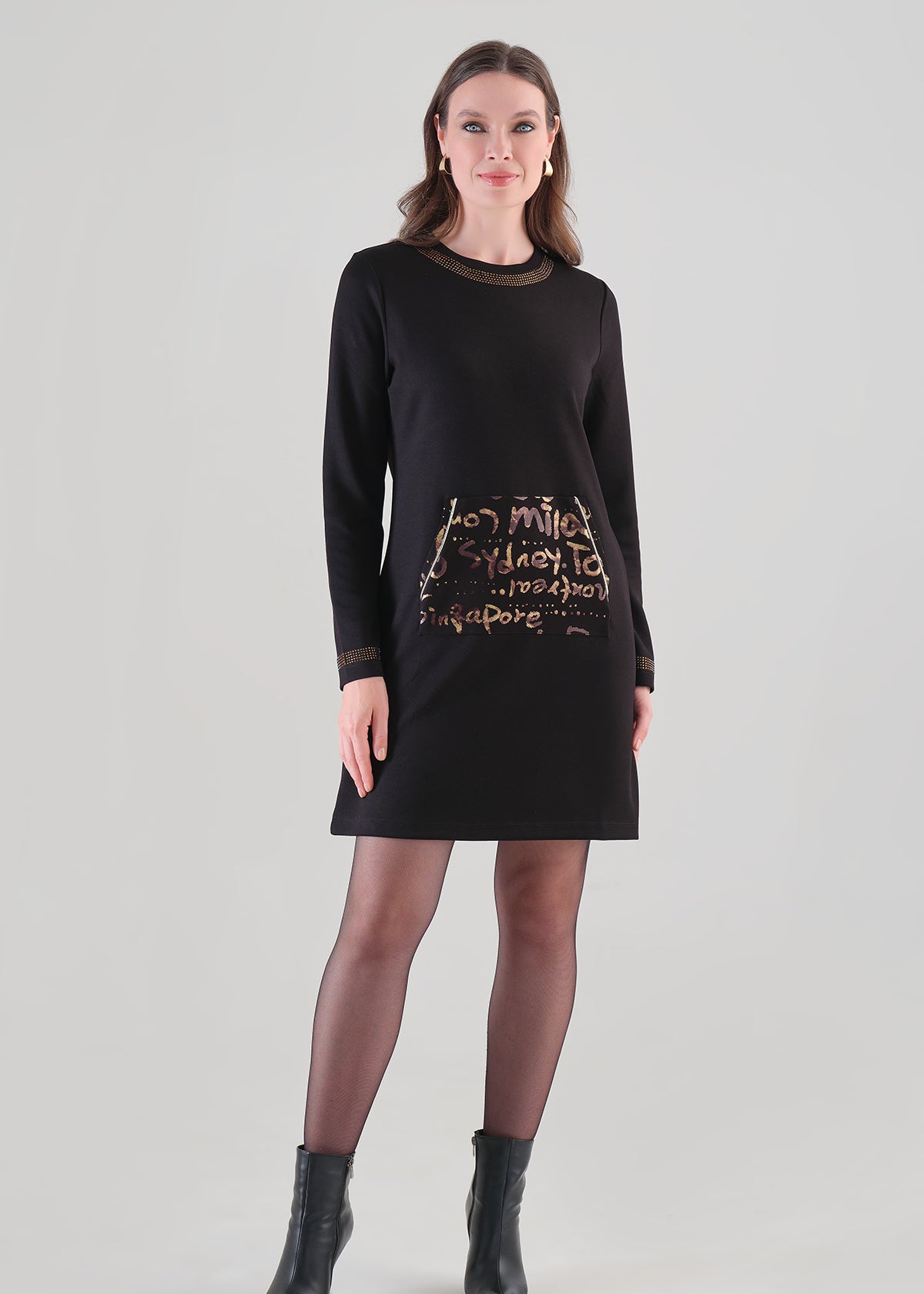 Robe Noire à Motif Lettré et Détails Brillants - Tricotto - photo 1