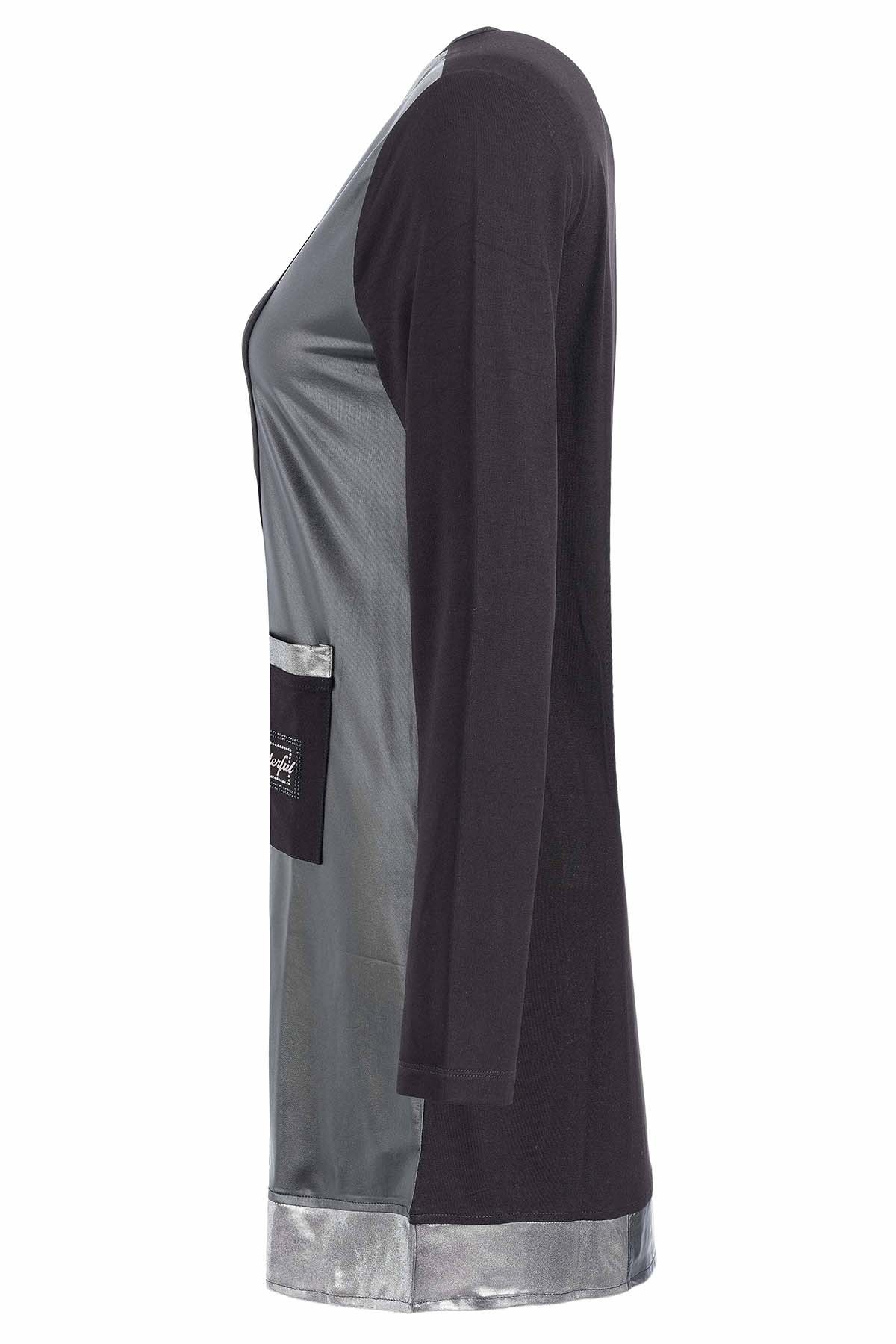 Robe Noire à Col V et Empiècements Effet Cuir