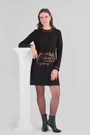 Robe Noire à Motif Lettré et Détails Brillants - Tricotto - photo 4