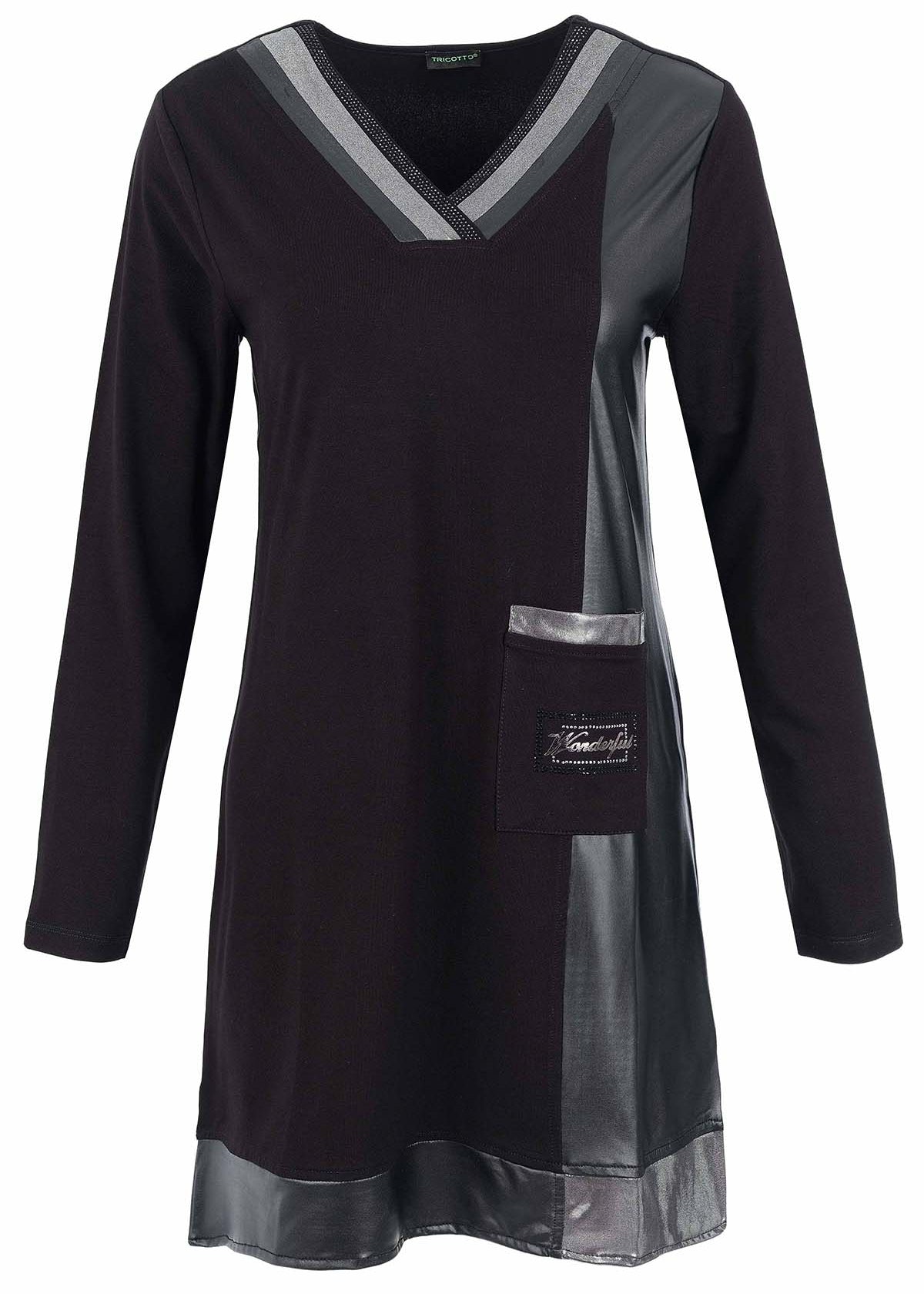 Robe Noire à Col V et Empiècements Effet Cuir - Tricotto - photo 2