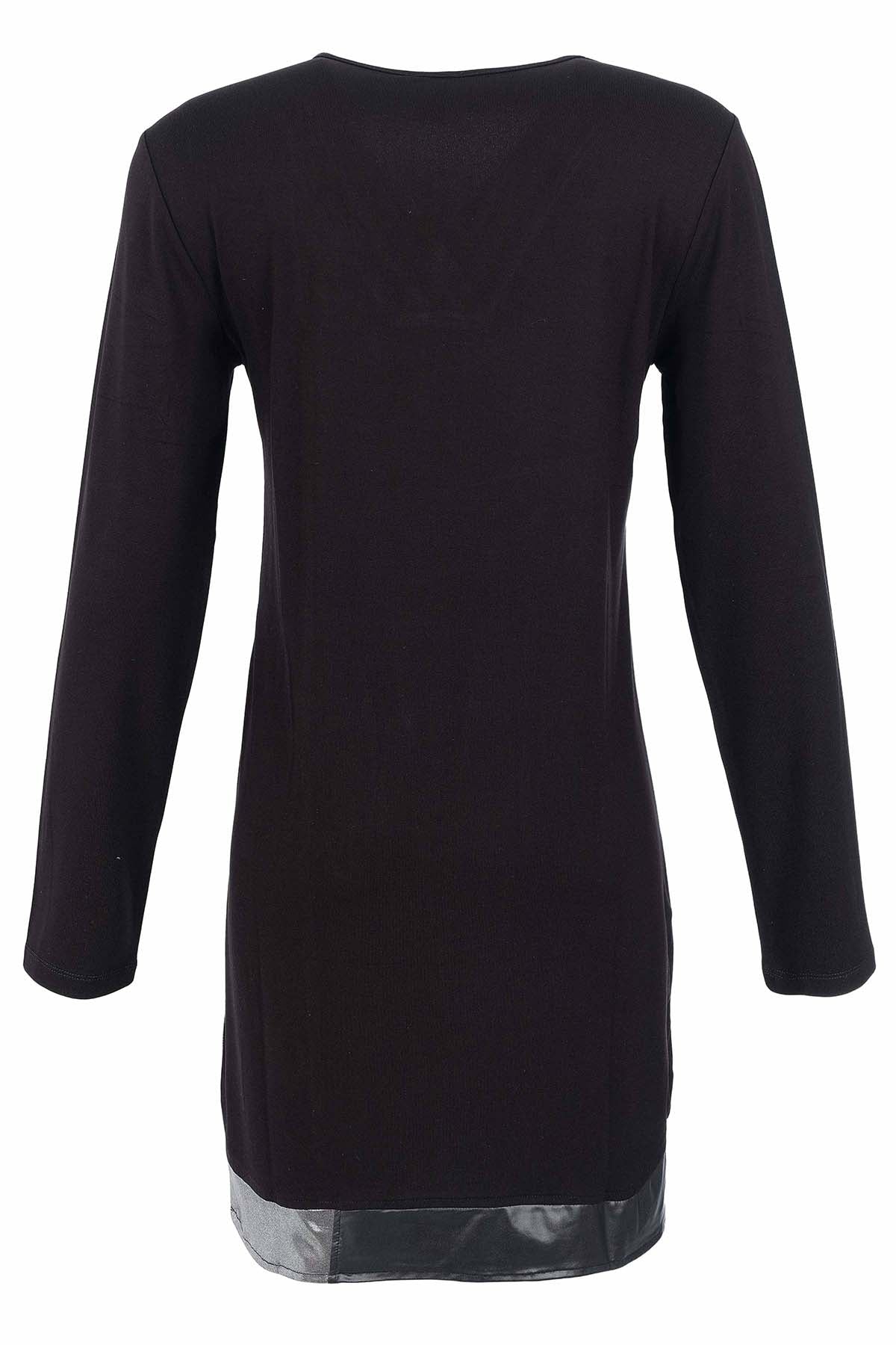 Robe Noire à Col V et Empiècements Effet Cuir
