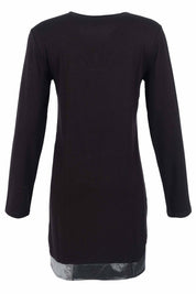 Robe Noire à Col V et Empiècements Effet Cuir