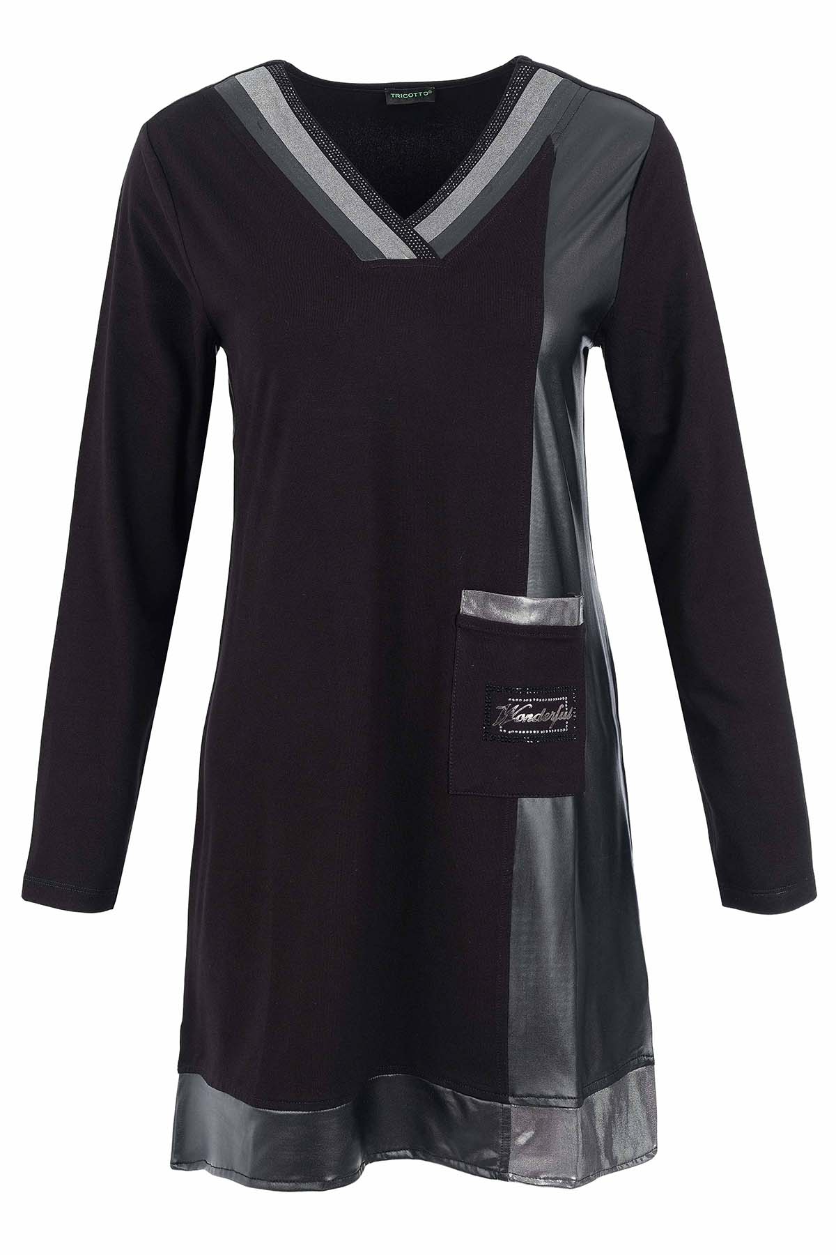 Robe Noire à Col V et Empiècements Effet Cuir
