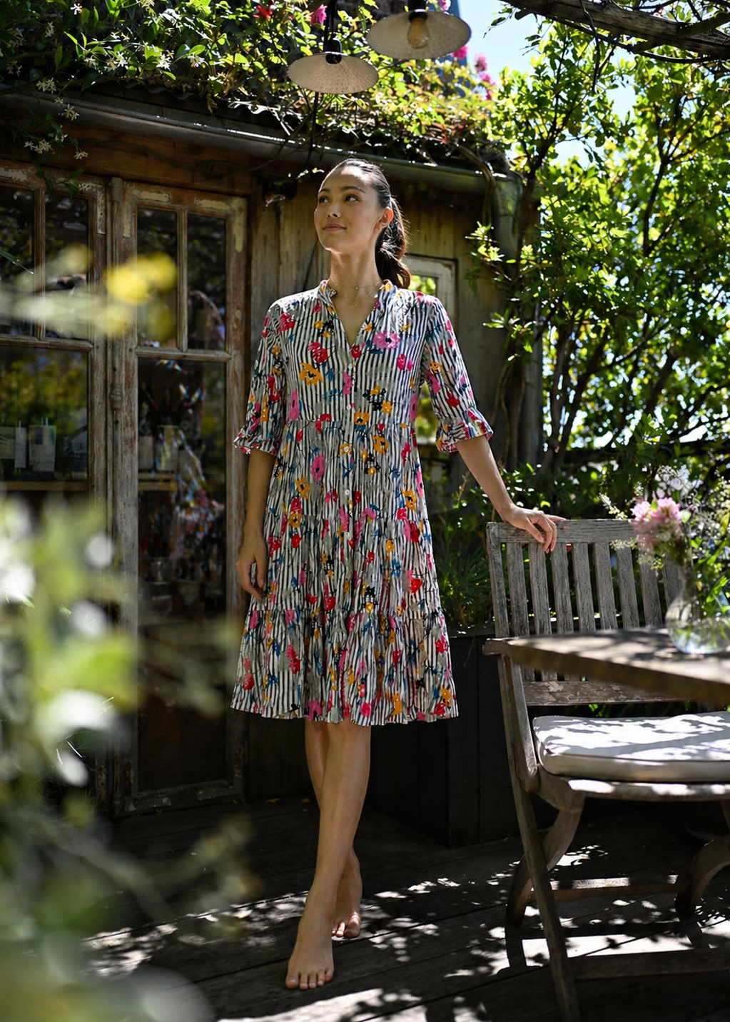 Robe Manche au Coude Imprimée Col en V