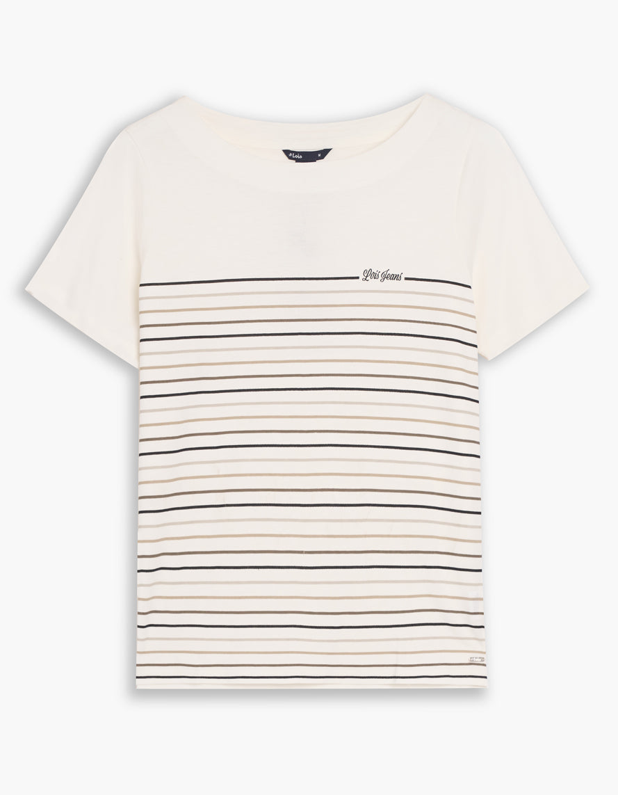 T-shirt rayé ivoire pour femme à manches courtes, tissu doux en coton et modal, style classique et confortable.