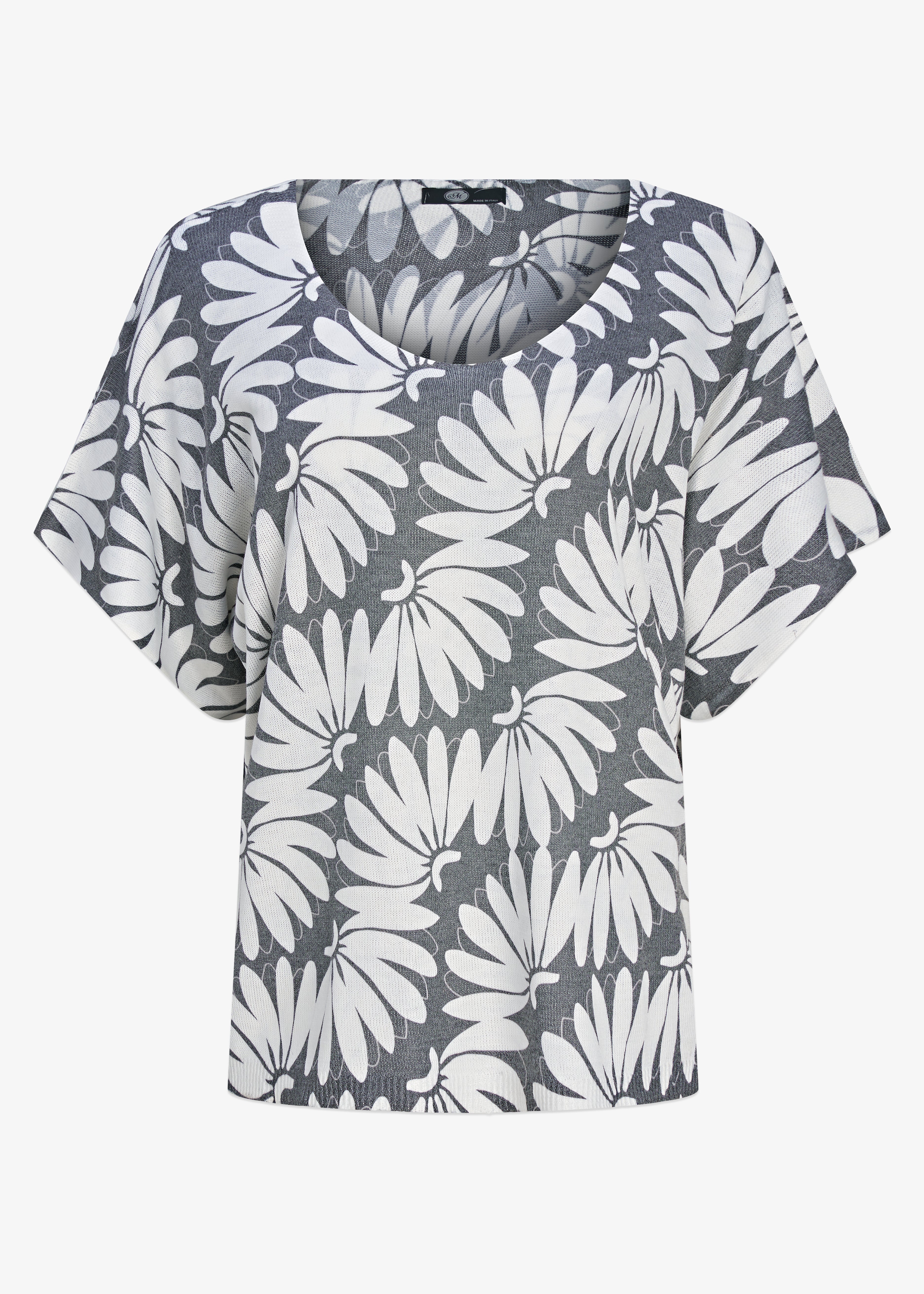 Haut pour femme en tricot fin noir avec imprimé de feuilles, dans un style léger, souple et élégant.