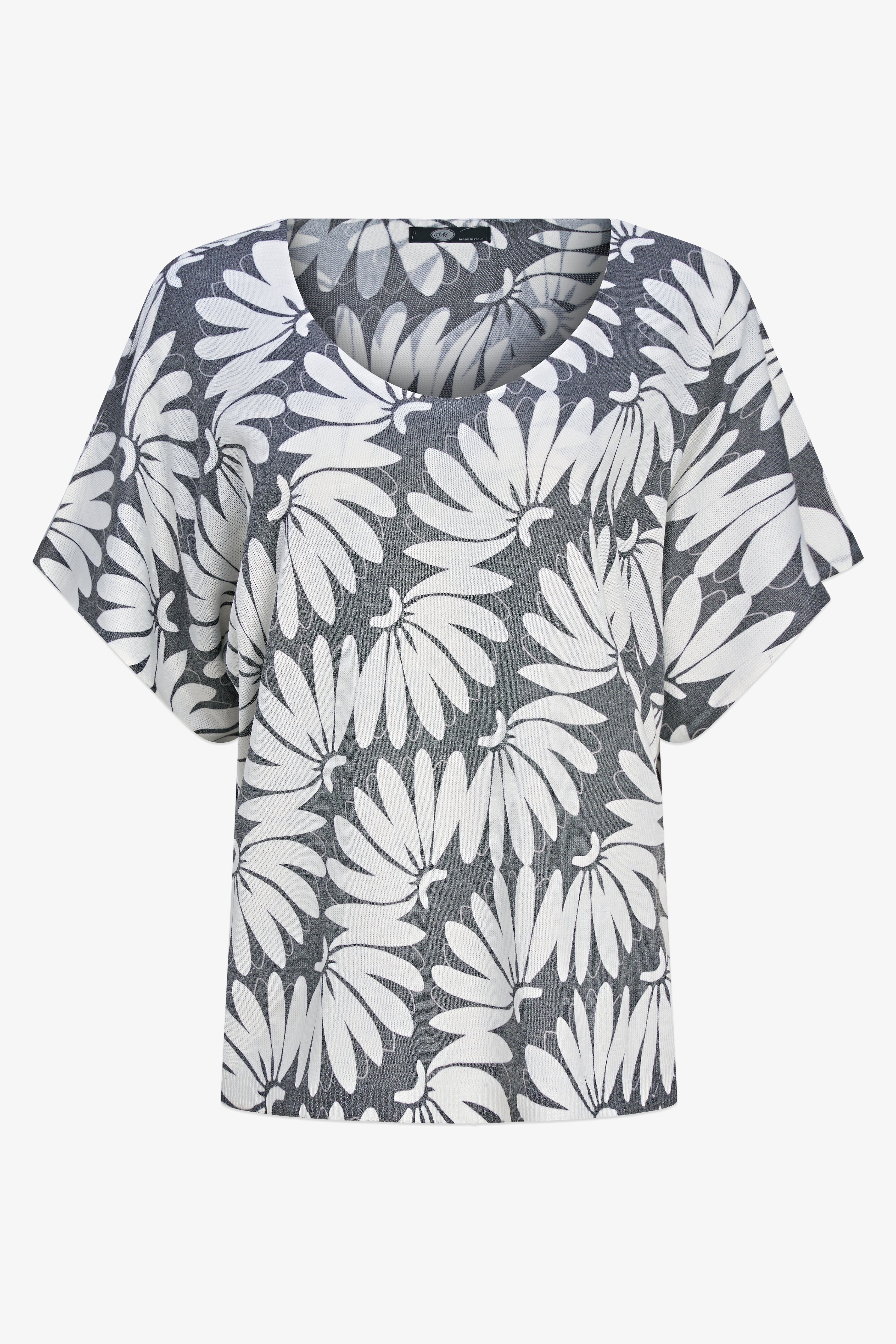 Haut pour femme en tricot fin noir avec imprimé de feuilles, dans un style léger, souple et élégant.
