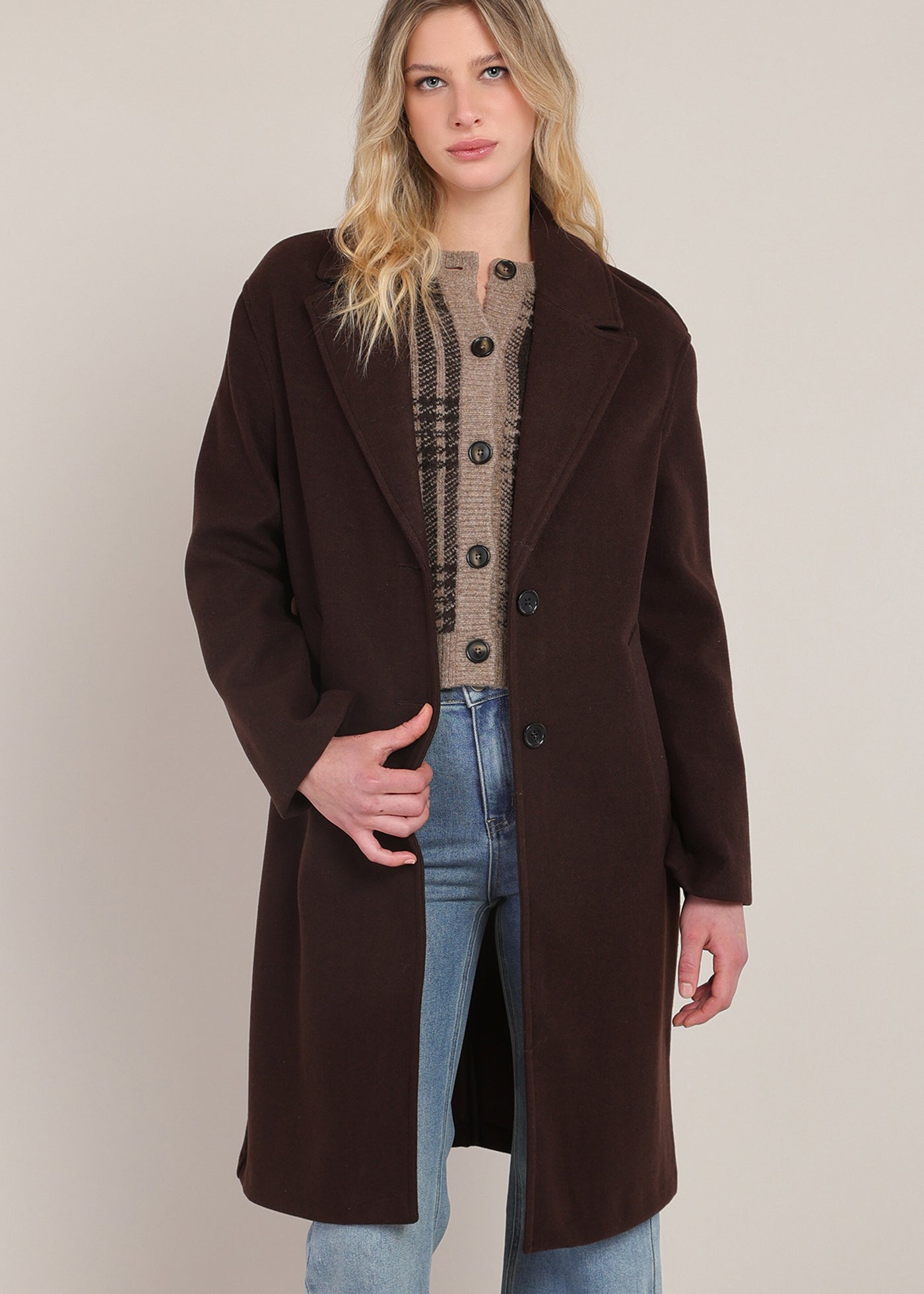 Manteau long brun foncé avec col replié Room 34 pour femme