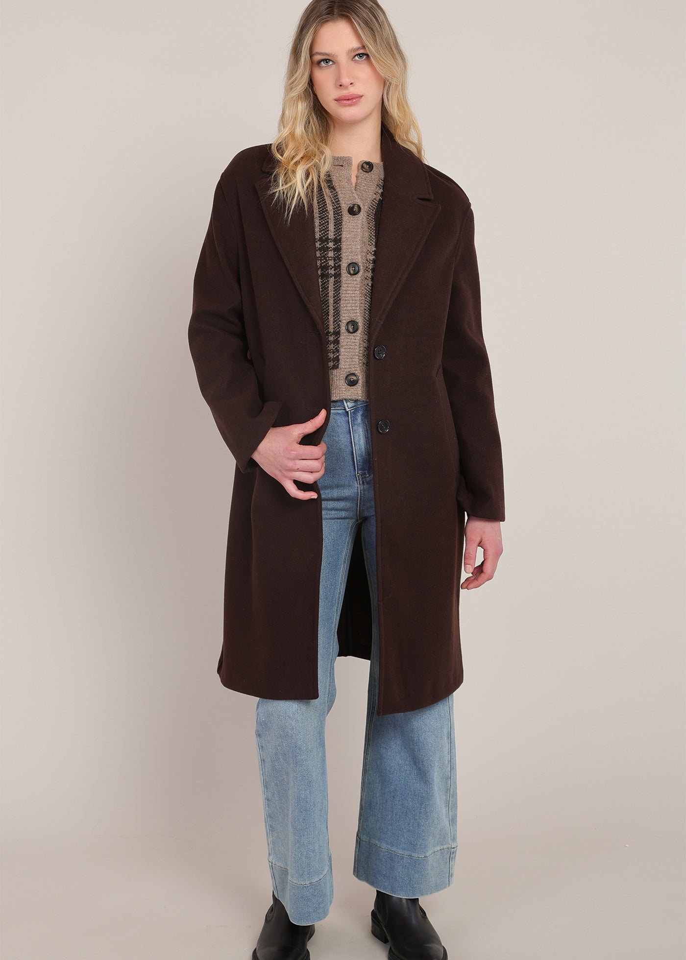 Manteau long brun foncé avec col replié Room 34 pour femme