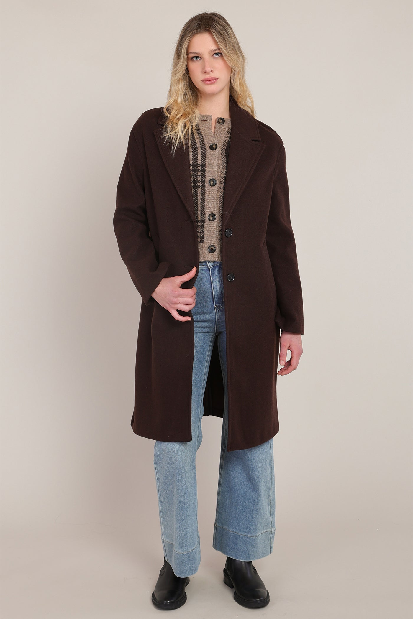 Manteau long brun foncé avec col replié Room 34 pour femme