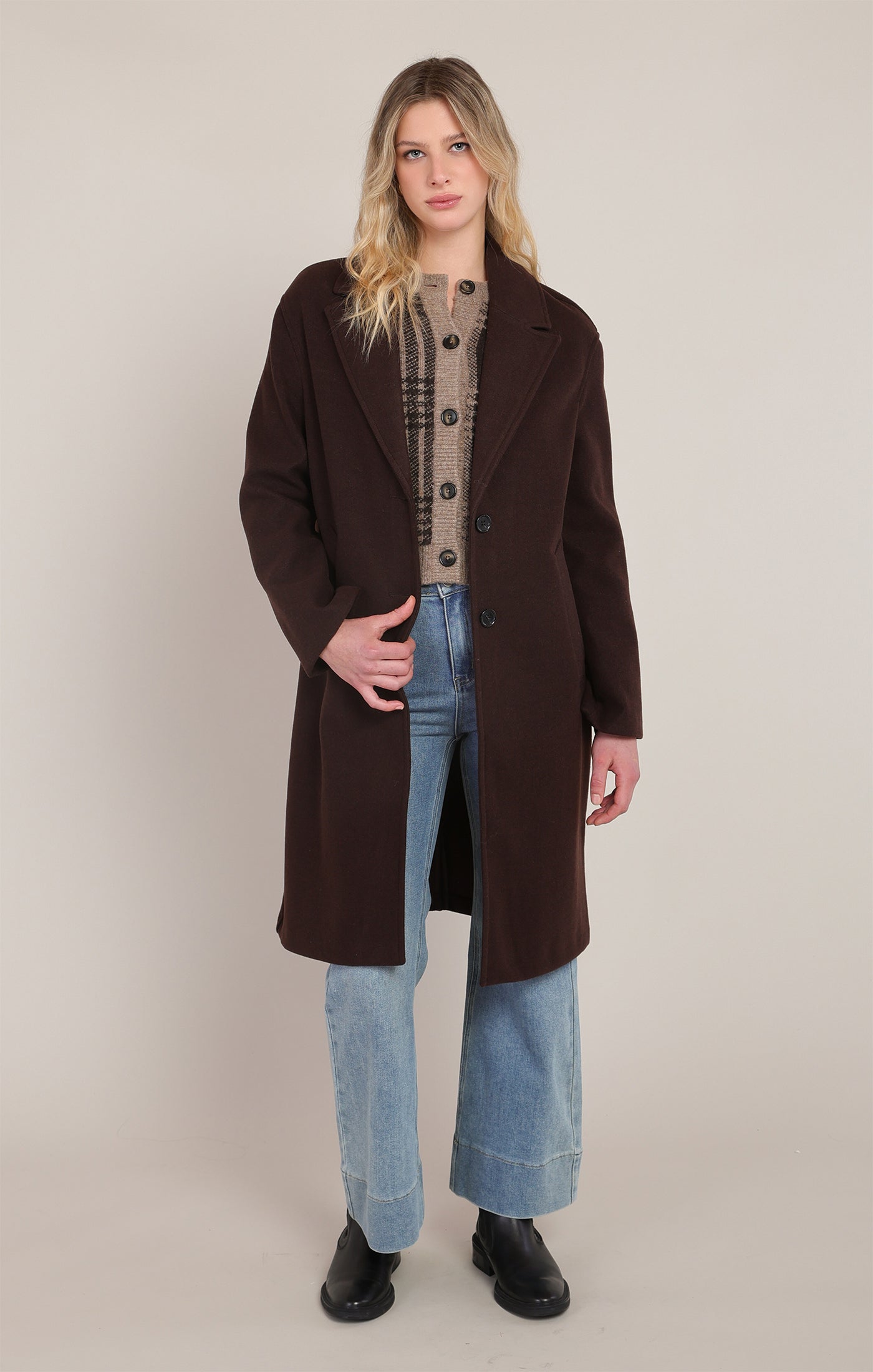 Manteau long brun foncé avec col replié Room 34 pour femme