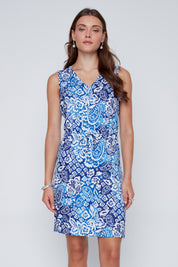 Robe courte bleu et blanc avec brillants et lien à la taille CYC