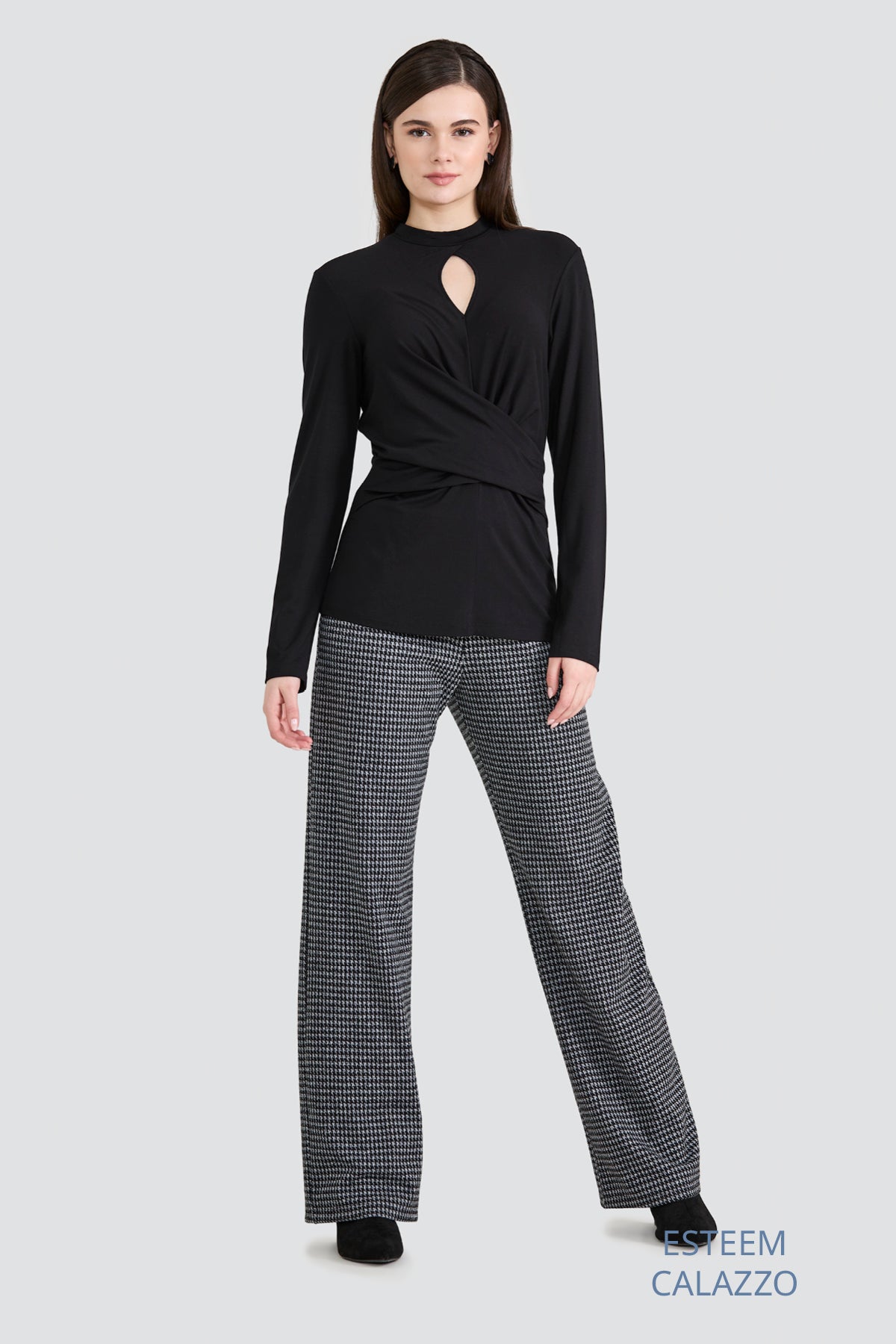 Pantalon pied-de-poule noir, beige et brun Luc Fontaine pour femme