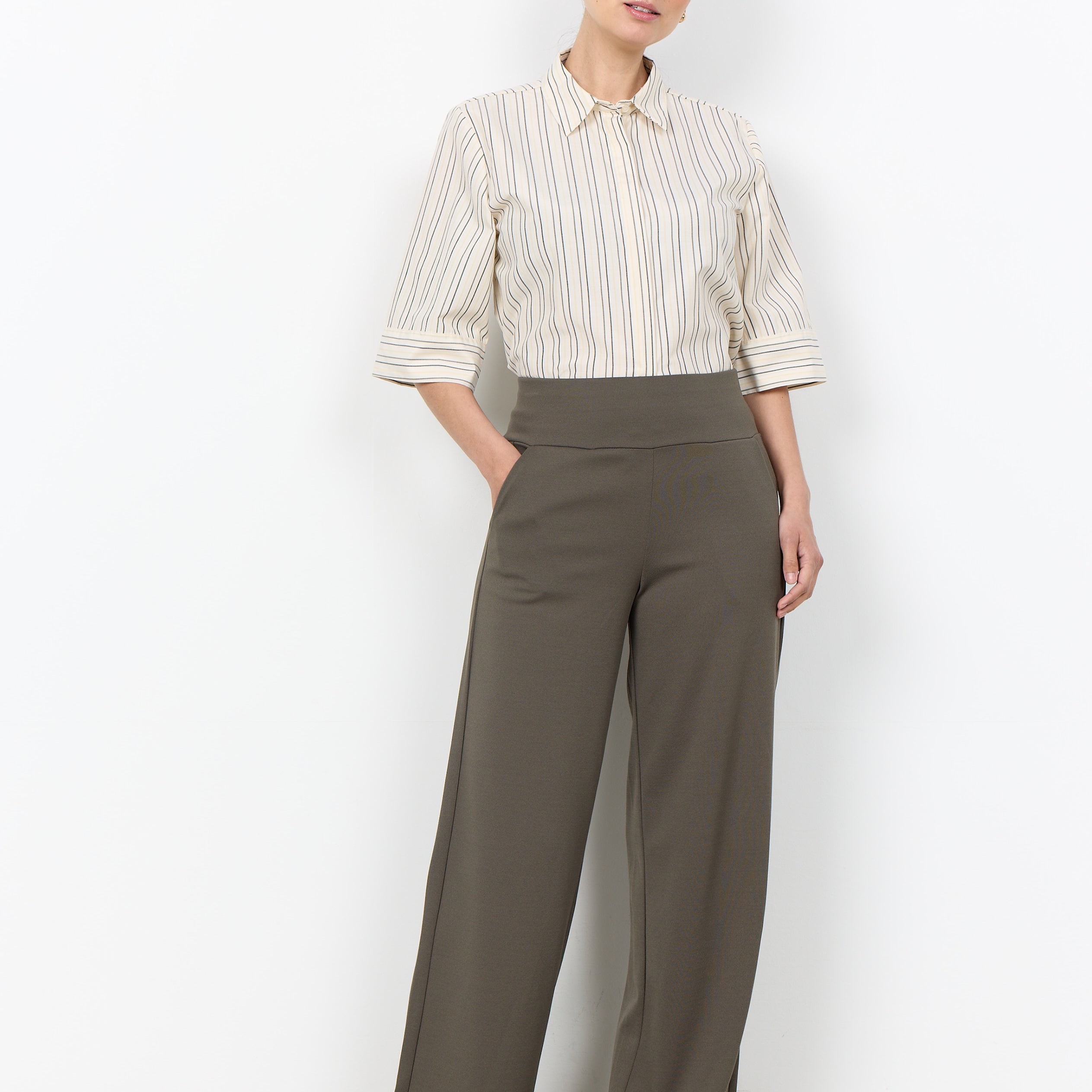 Pantalon fluide kaki Soya Concept 26188 pour femme avec taille élastique