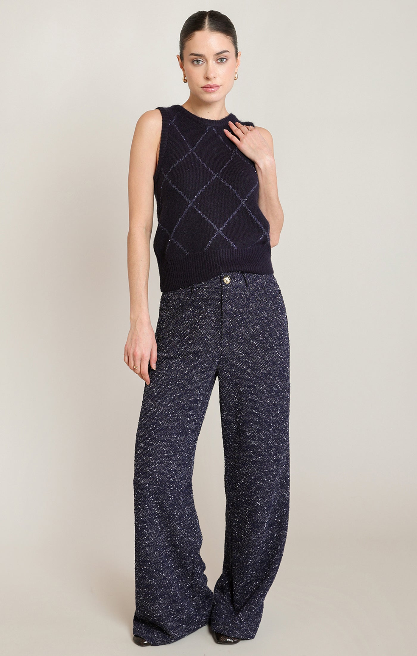Pantalon large marine chiné à effet bouclé Black Tape pour femme