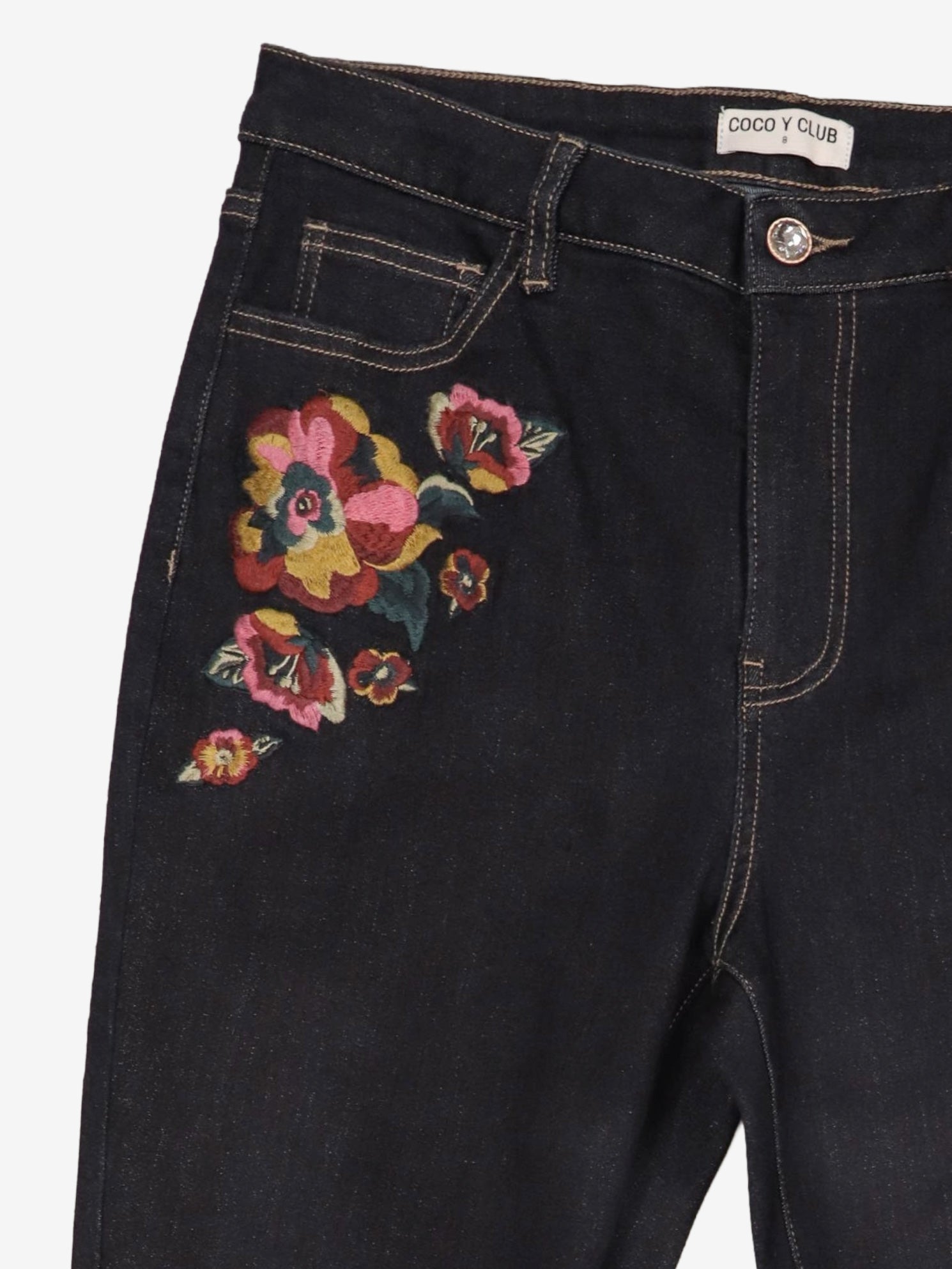 Pantalon tissé indigo à jambe étroite avec broderies sous les poches CYC Coco Y Club pour femme