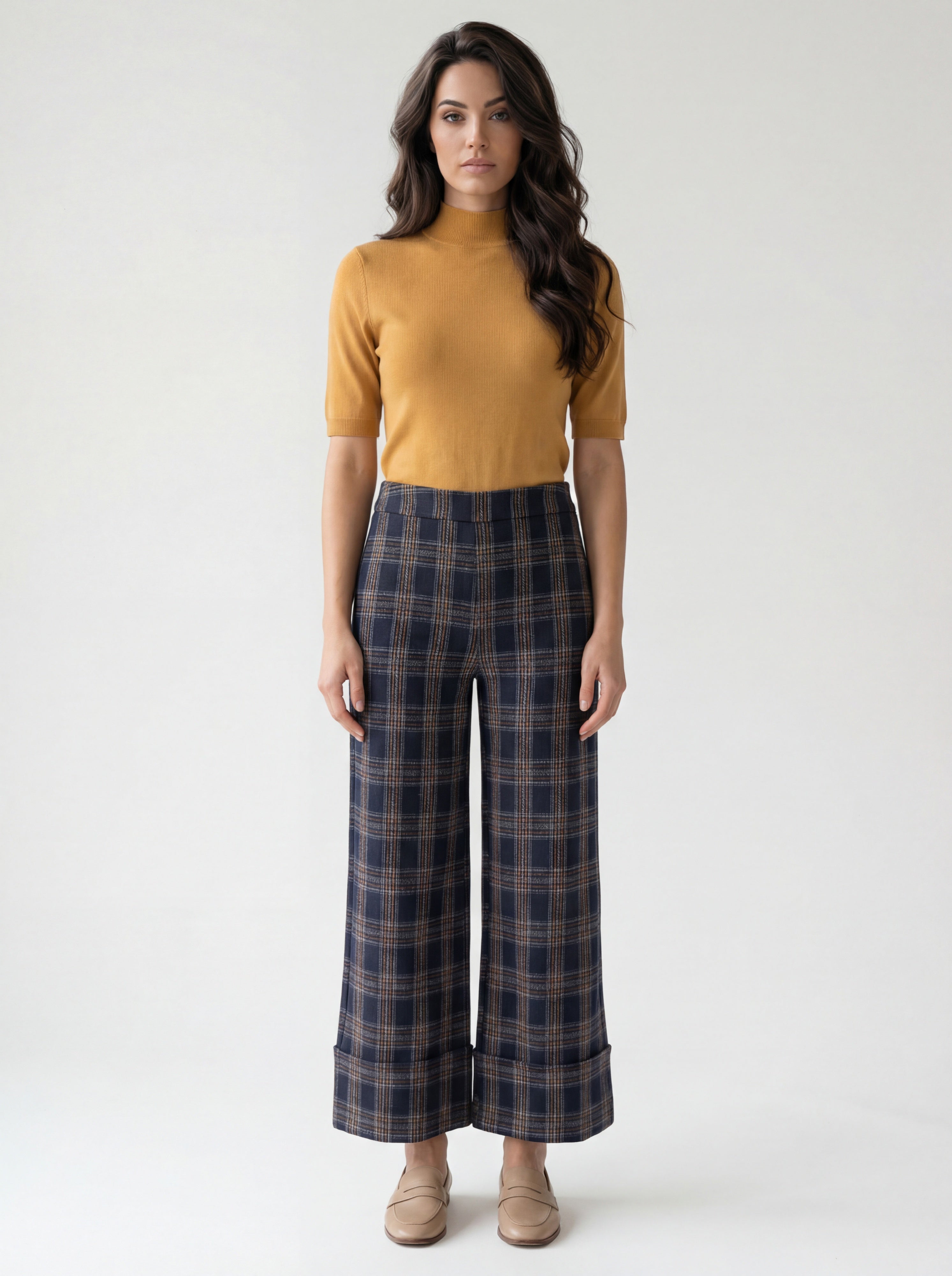 Pantalon Carreaux marine en tricot à jambe large CYC Coco Y Club pour femme