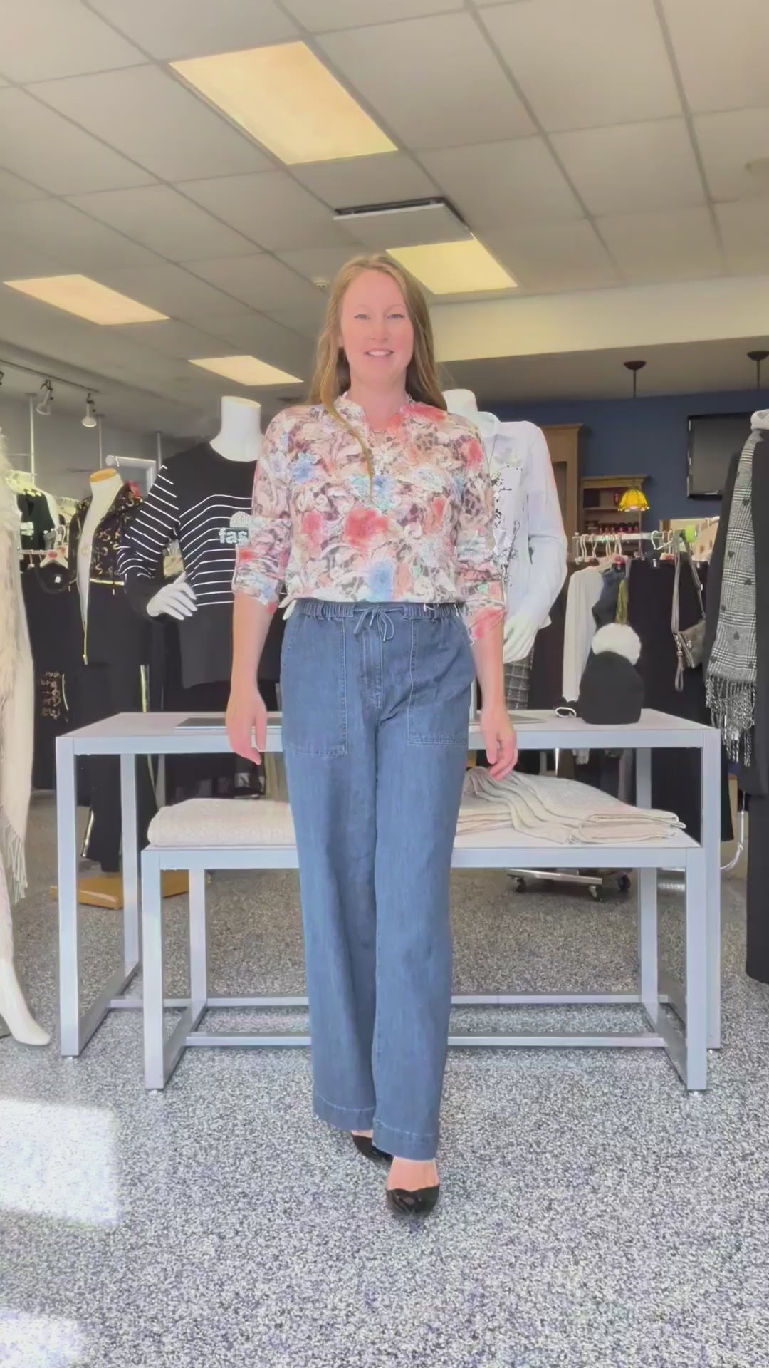 Pantalon Jeans Jambe Large Taille Élastique