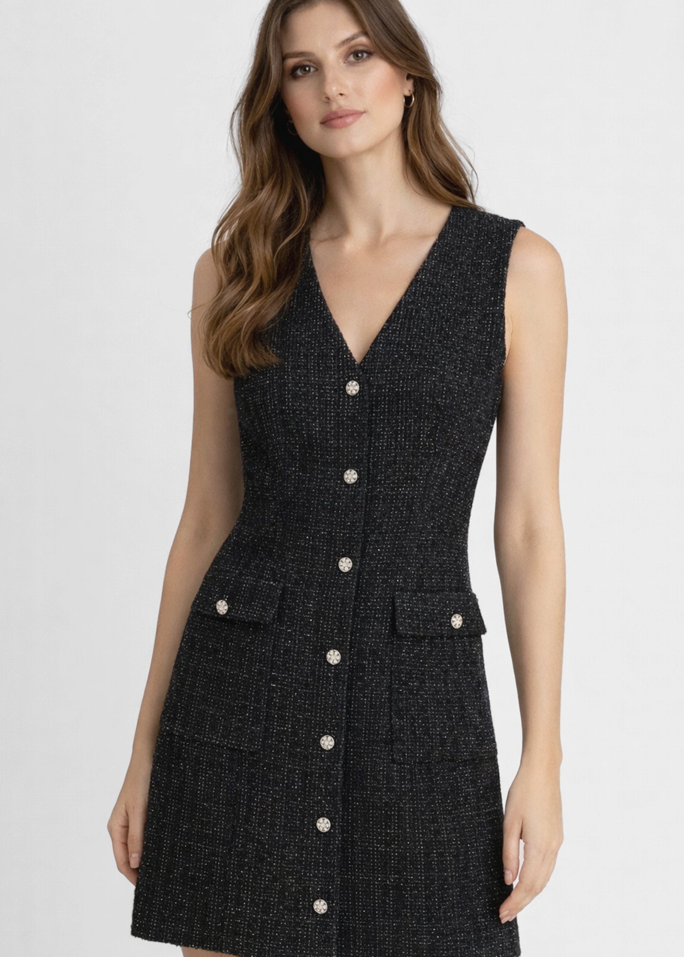 Robe courte en tweed noir brillante avec col en V Dex pour femme