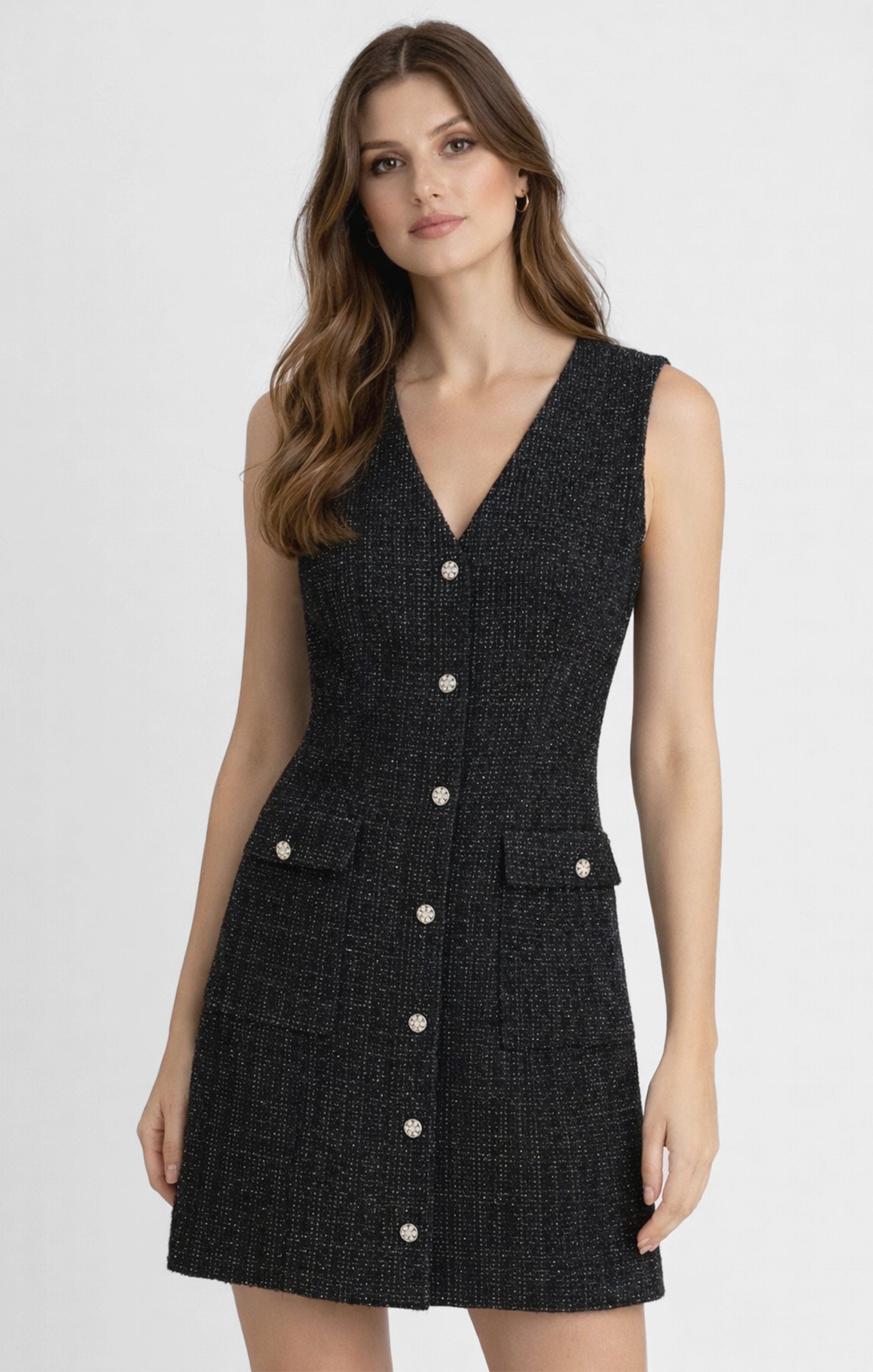 Robe courte en tweed noir brillante avec col en V Dex pour femme