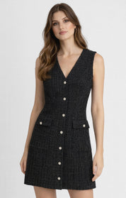 Robe courte en tweed noir brillante avec col en V Dex pour femme