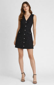 Robe courte en tweed noir brillante avec col en V Dex pour femme