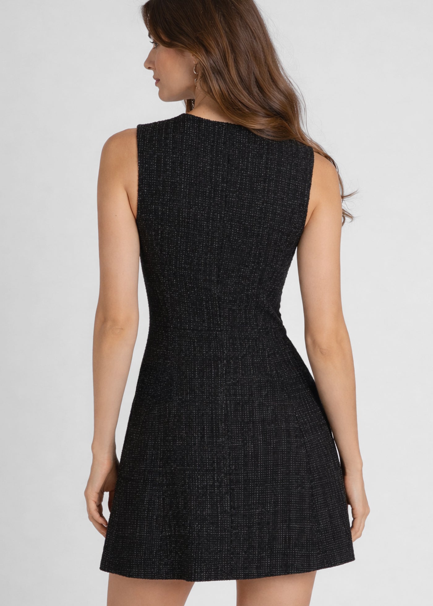Robe courte en tweed noir brillante avec col en V Dex pour femme