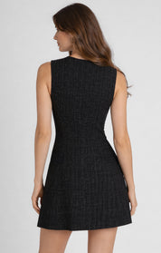 Robe courte en tweed noir brillante avec col en V Dex pour femme