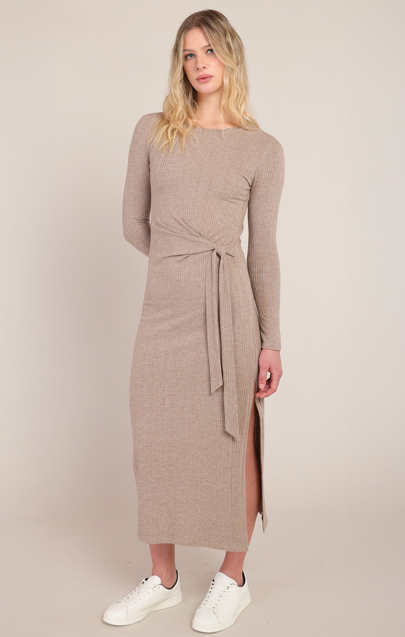 Robe longue brun pâle chiné à taille nouée Room 34 pour femme