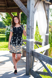 Robe Manches Courtes Fleurs Dorées