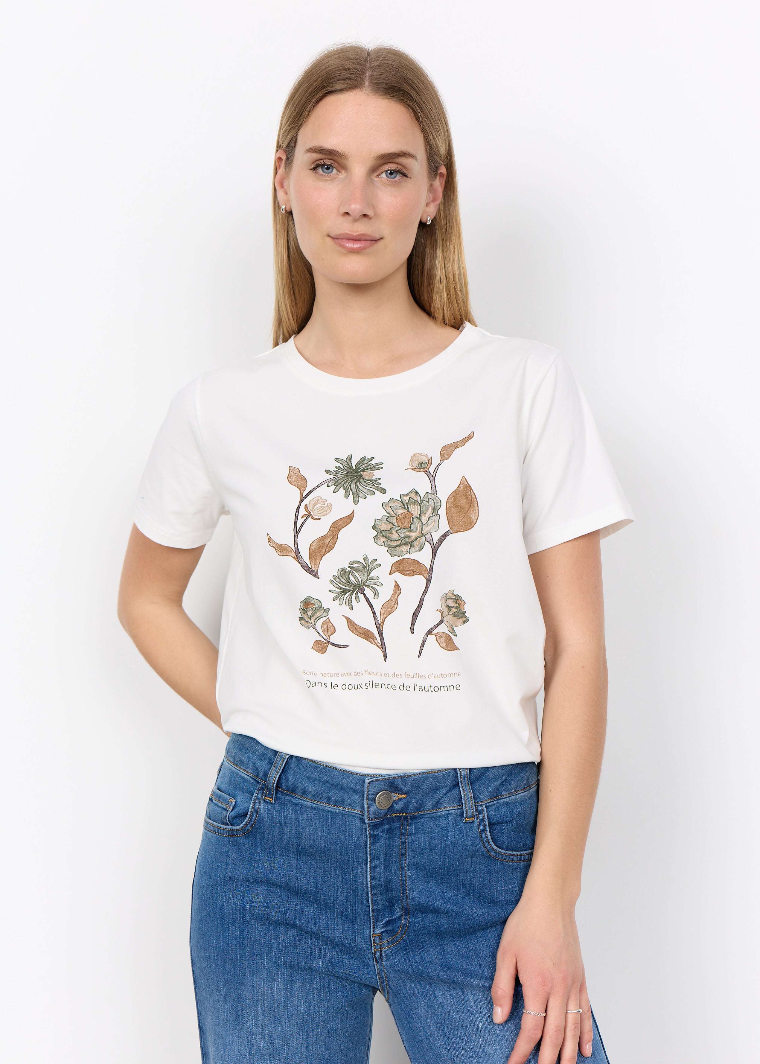 T-Shirt Imprimé Fleurs et Feuilles d'Automne Blanc Soya Concept Femme