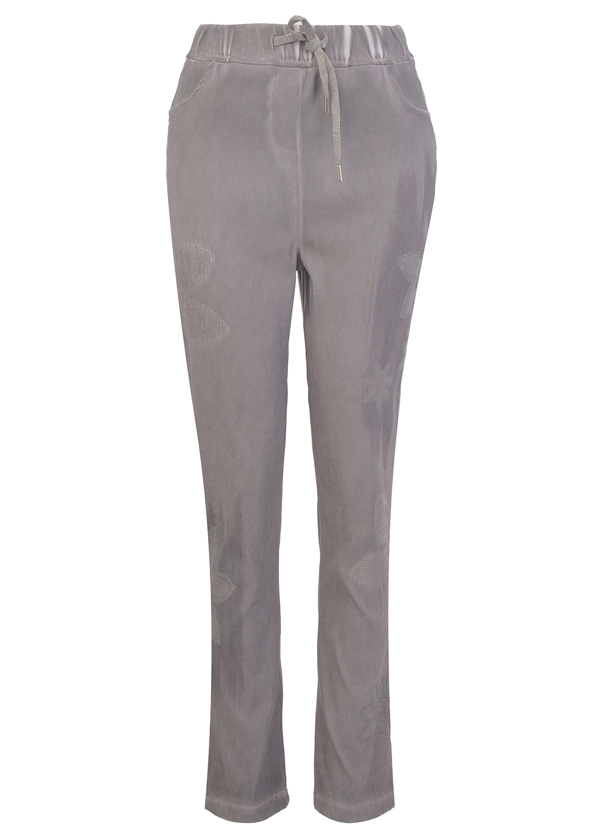 Pantalon pour femme couleur charcoal avec taille élastique, décor de fleurs avec paillettes discrètes et style élégant et confortable.