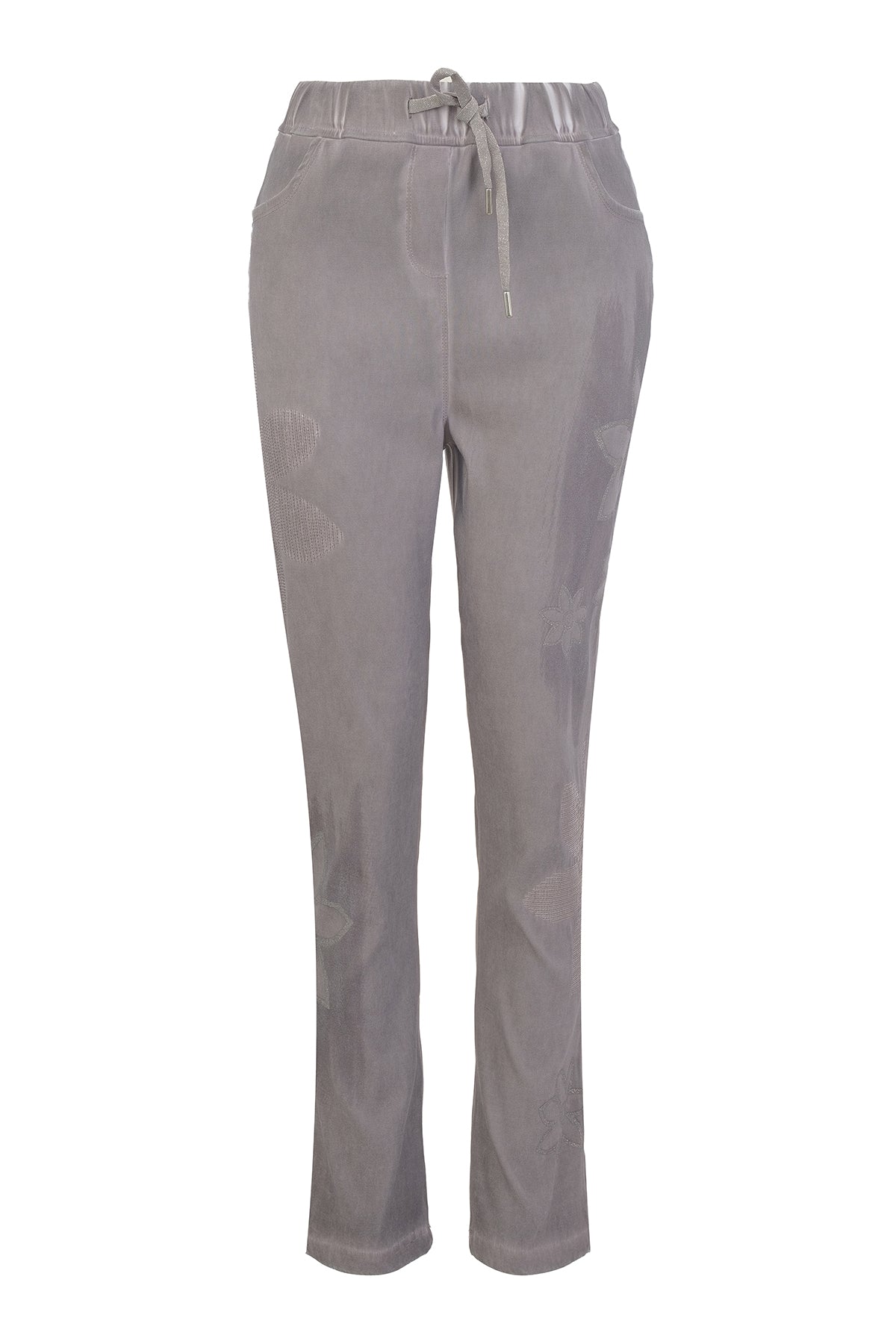 Pantalon pour femme couleur charcoal avec taille élastique, décor de fleurs avec paillettes discrètes et style élégant et confortable.