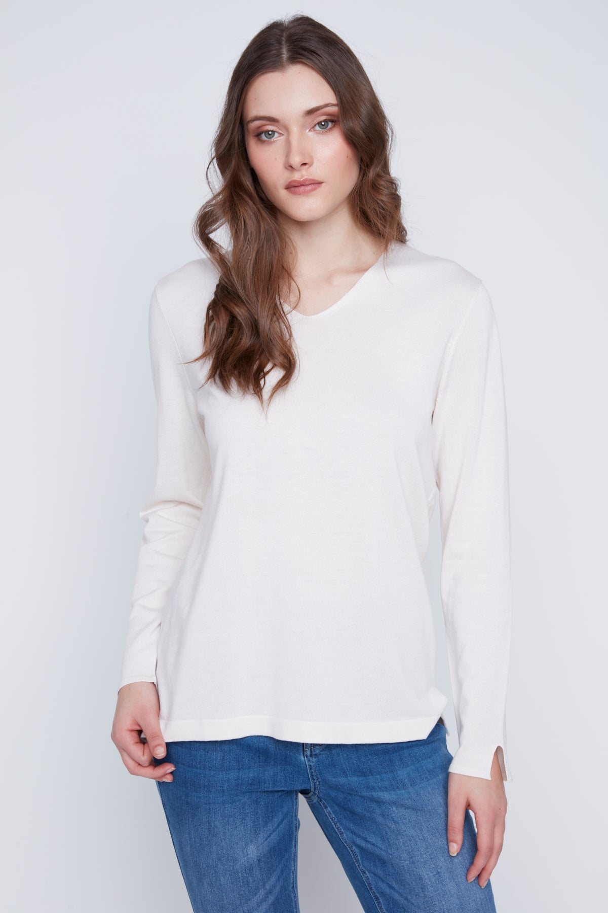 Chandail Tricot Léger Manches Longues Col en V