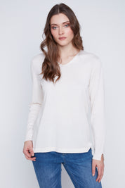 Chandail Tricot Léger Manches Longues Col en V