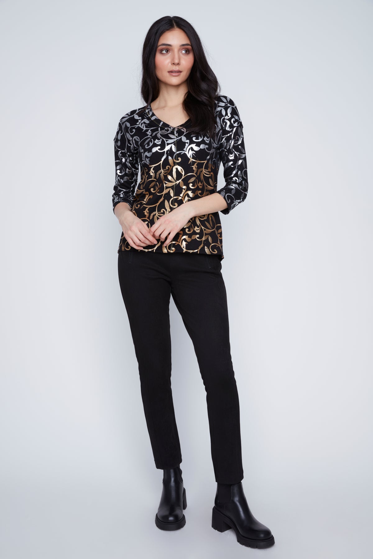 Chandail Léger Col V Imprimé Argent et Or