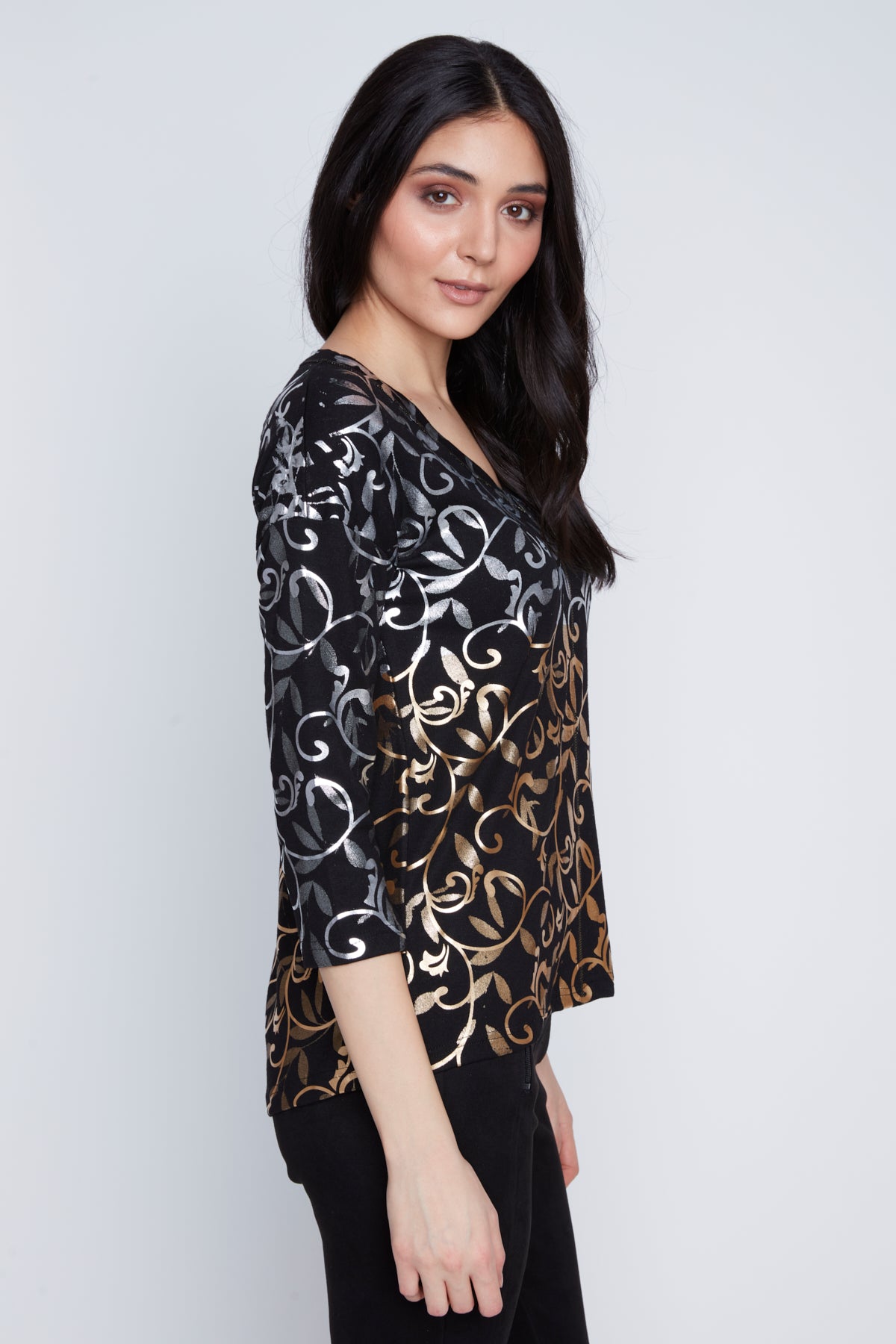 Chandail Léger Col V Imprimé Argent et Or