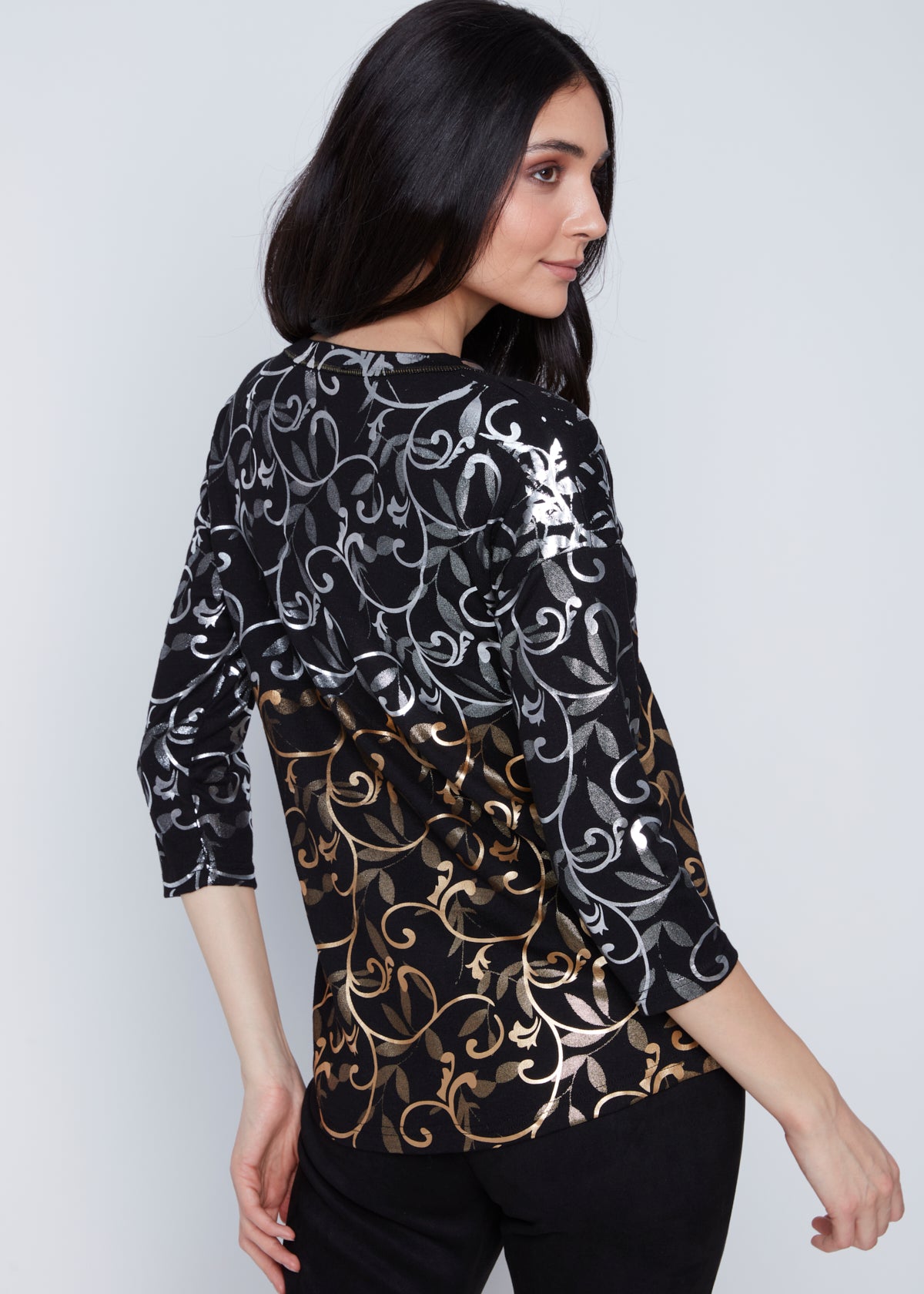 Chandail Léger Col V Imprimé Argent et Or