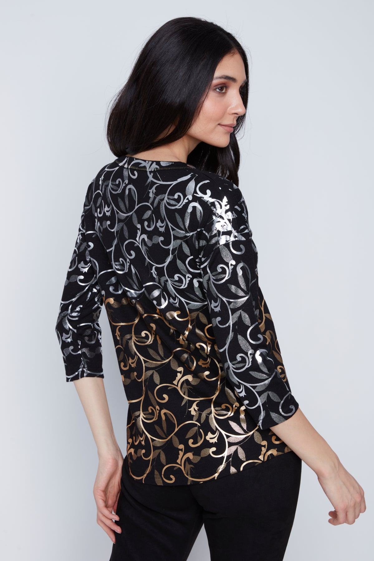 Chandail Léger Col V Imprimé Argent et Or