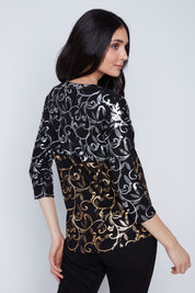 Chandail Léger Col V Imprimé Argent et Or