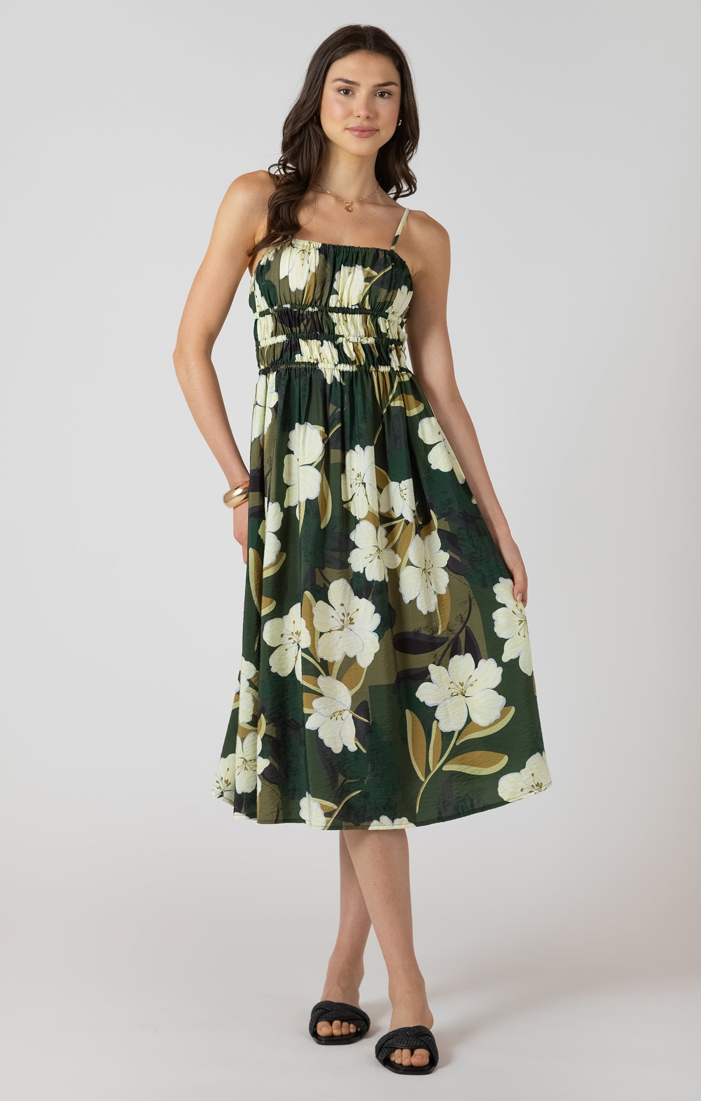 Robe Midi Imprimée de Fleurs Bretelle Spaghetti