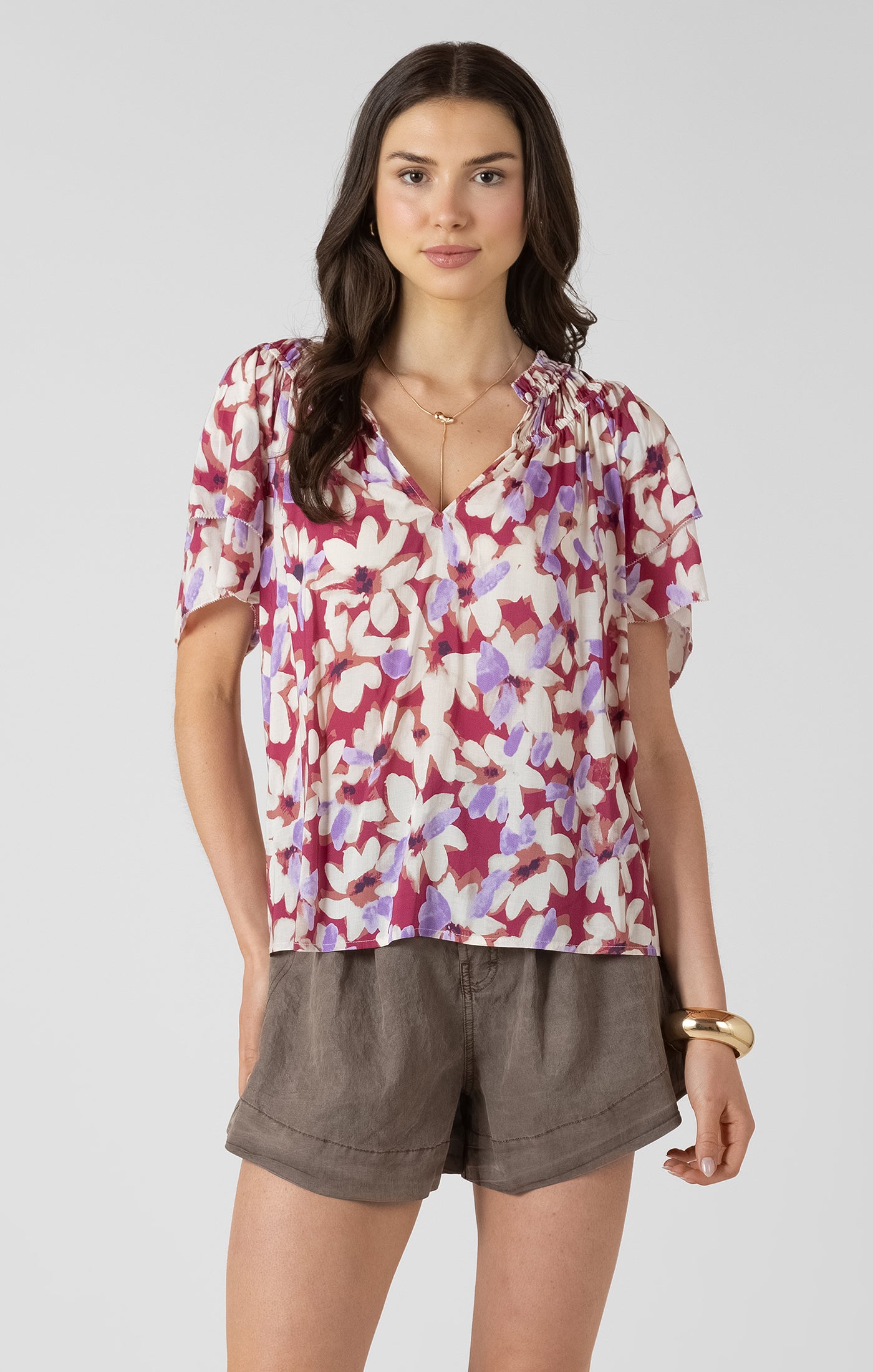 T-Shirt Col en V Imprimé de Fleurs