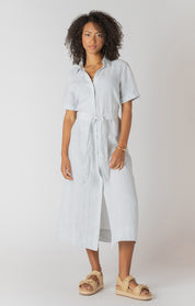 Robe Chemisier Longue avec Ceinture à Rayures Fines