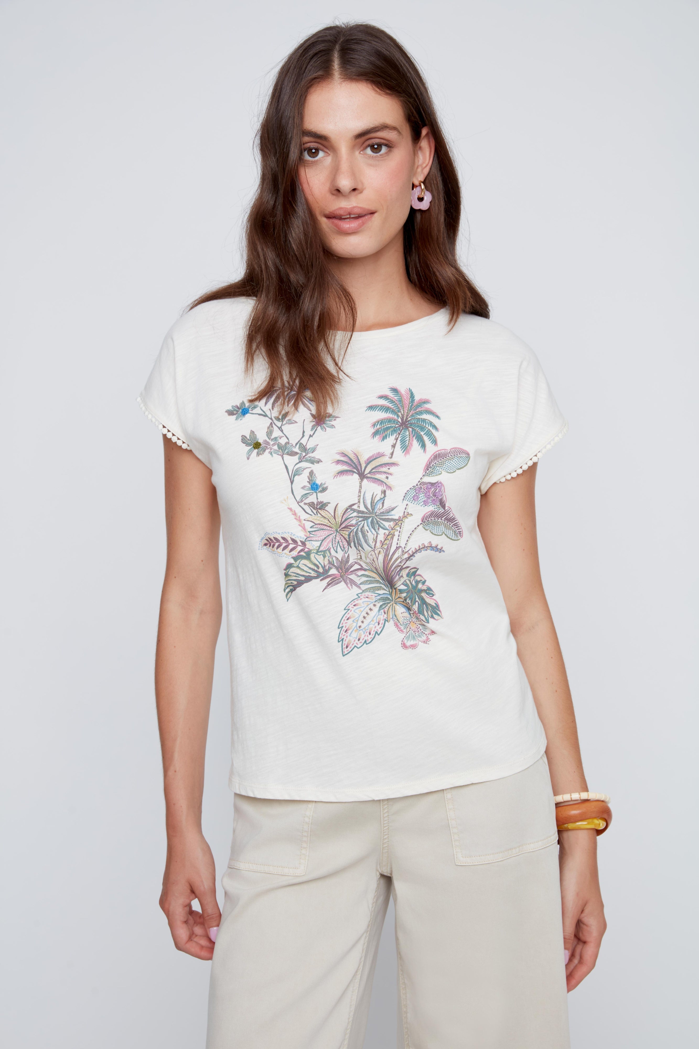 T-Shirt Col Rond Imprimé de Fleurs