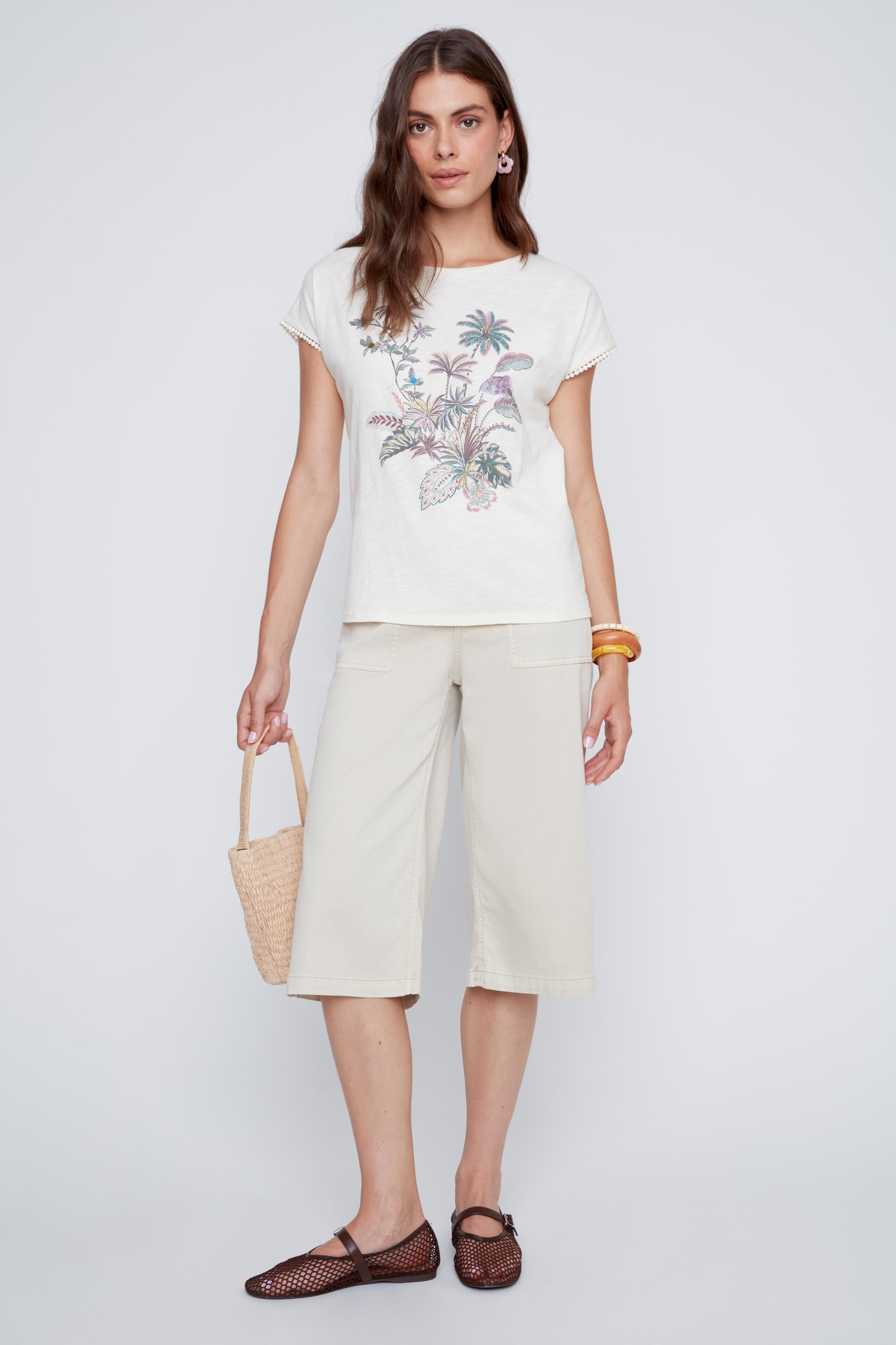 T-Shirt Col Rond Imprimé de Fleurs