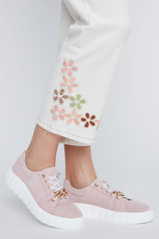 Jeans Coutures Contrastées Broderies de Fleurs au Bas