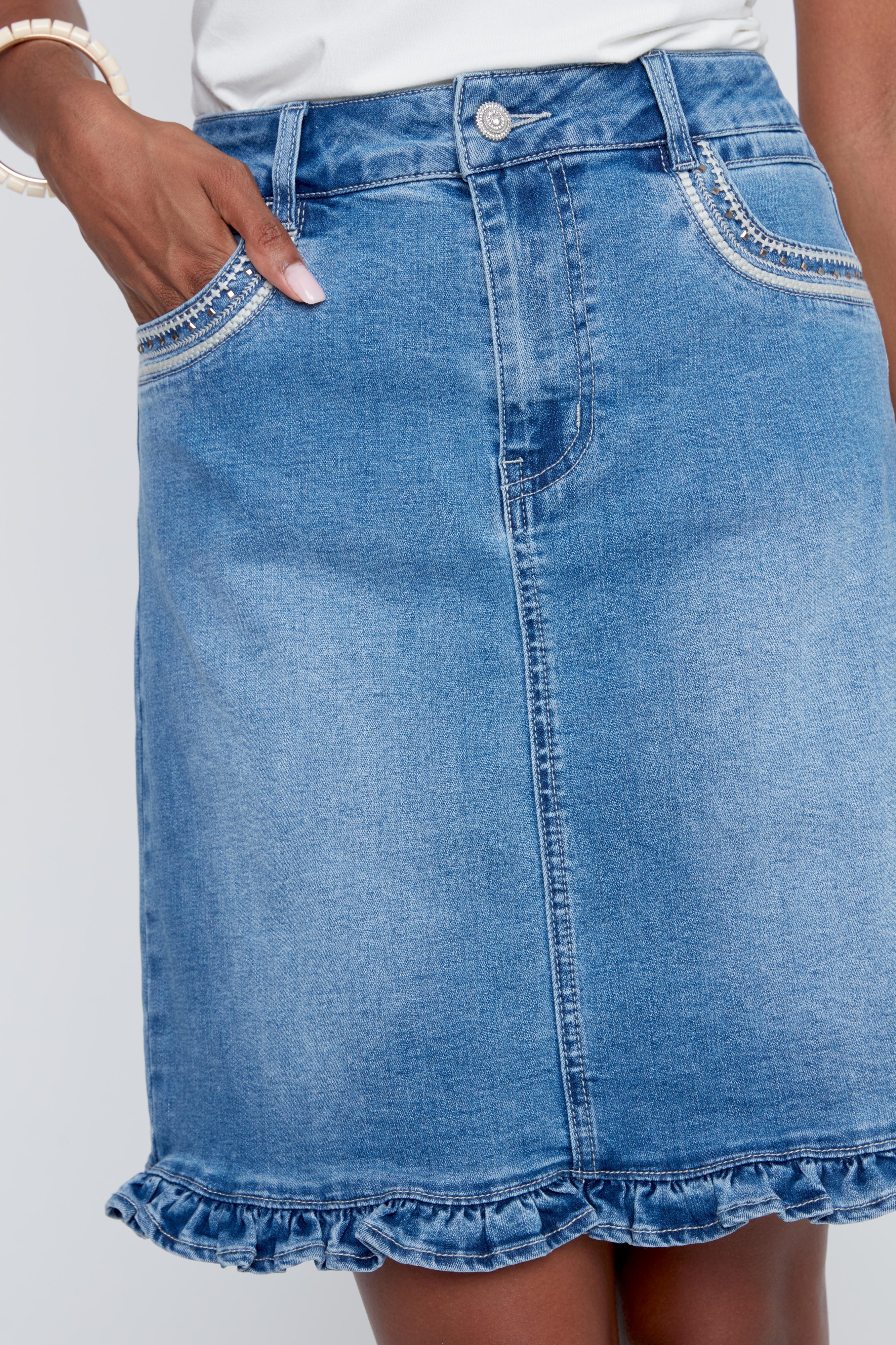 Jupe en Jeans Broderies Brillantes aux Poches