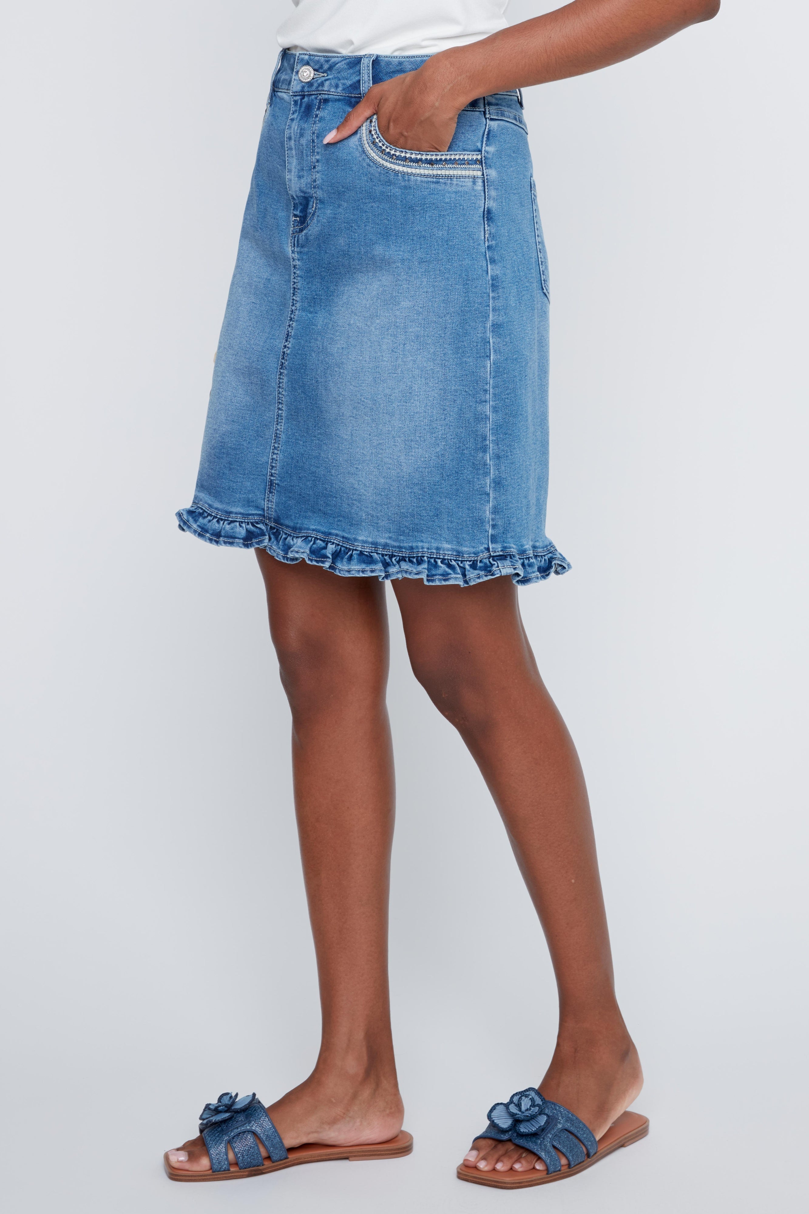 Jupe en Jeans Broderies Brillantes aux Poches
