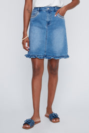 Jupe en Jeans Broderies Brillantes aux Poches