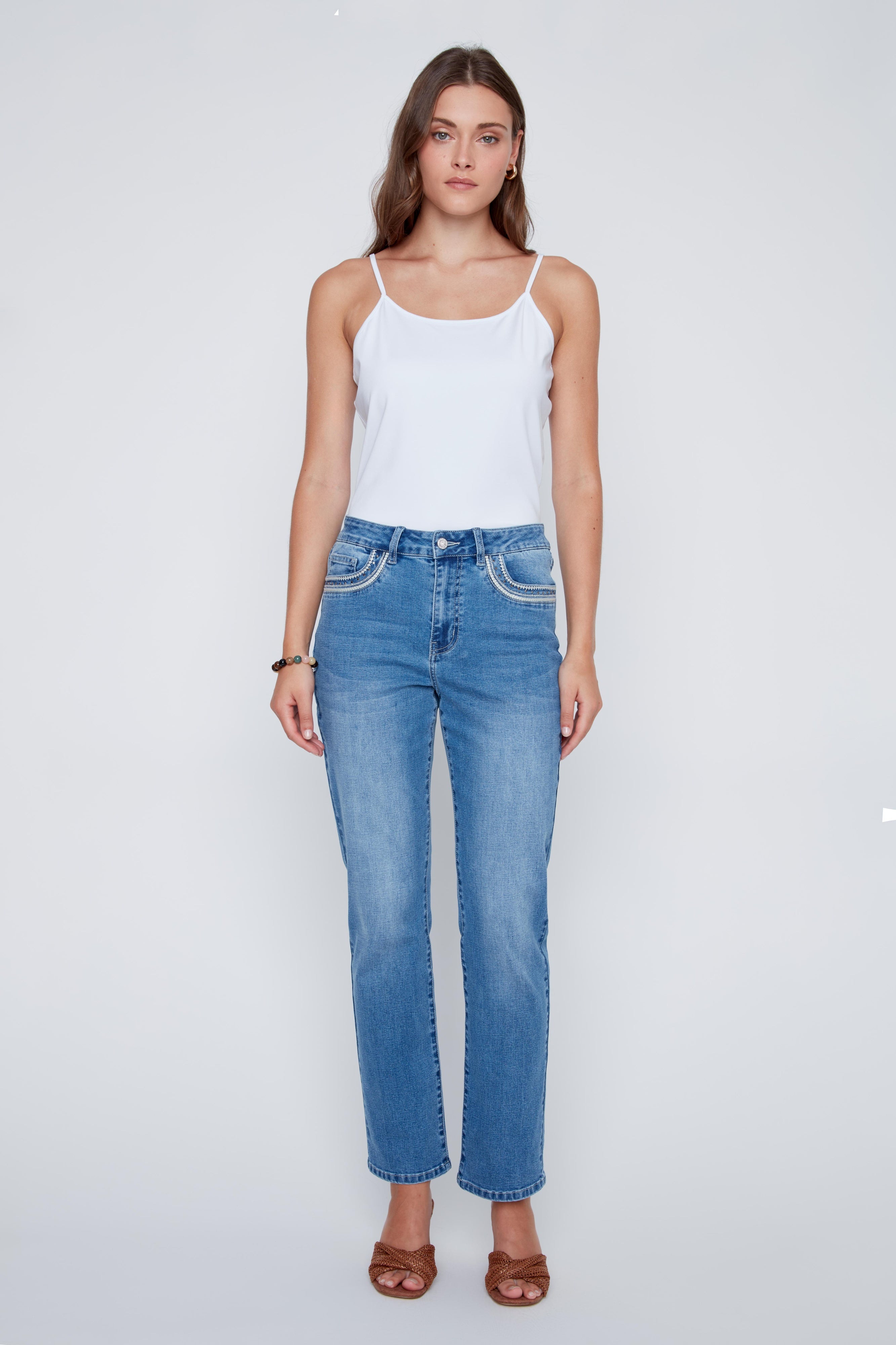 Jeans Droit Broderie Brillante aux Poches